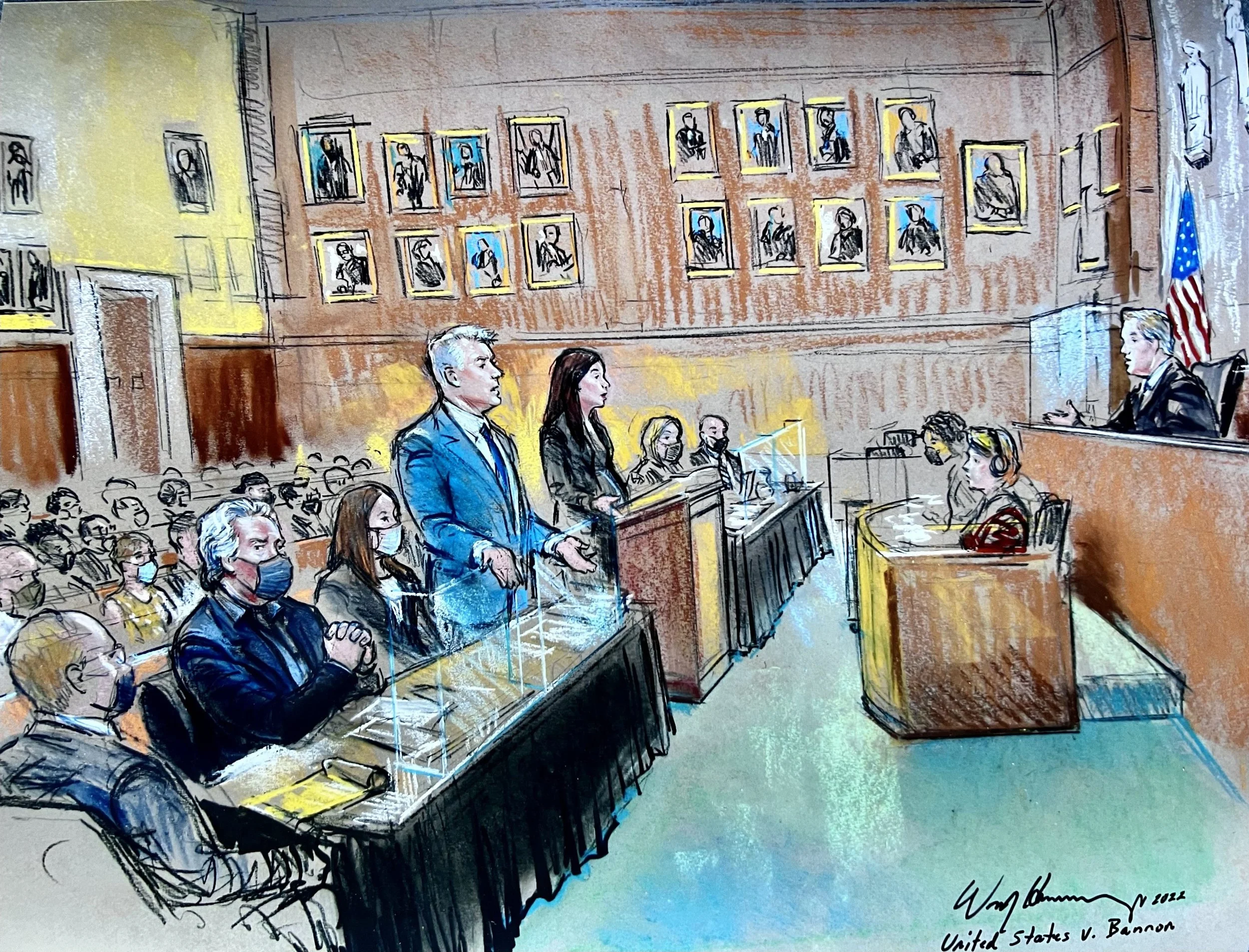 A courtroom scene with a judge, lawyers, and a defendant, with witnesses and the audience present.