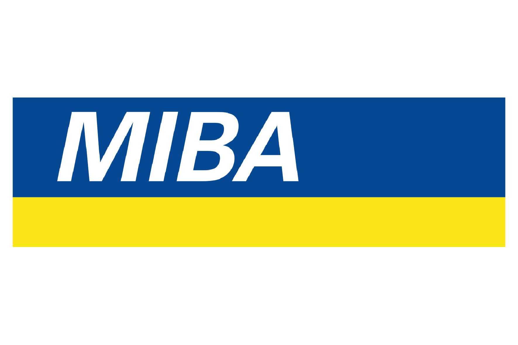 Logo mit blauer oberen Hälfte mit weißem Text 'MIBA' und gelber unterer Hälfte.