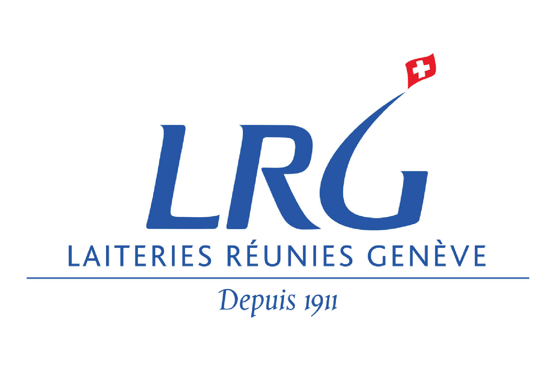 Logo der Laiteries Réunies Genève (LRG) mit Schweizer Flagge im oberen rechten Bereich, blauer Schrift auf weißem Hintergrund, darunter der Slogan 'Depuis 1911'.