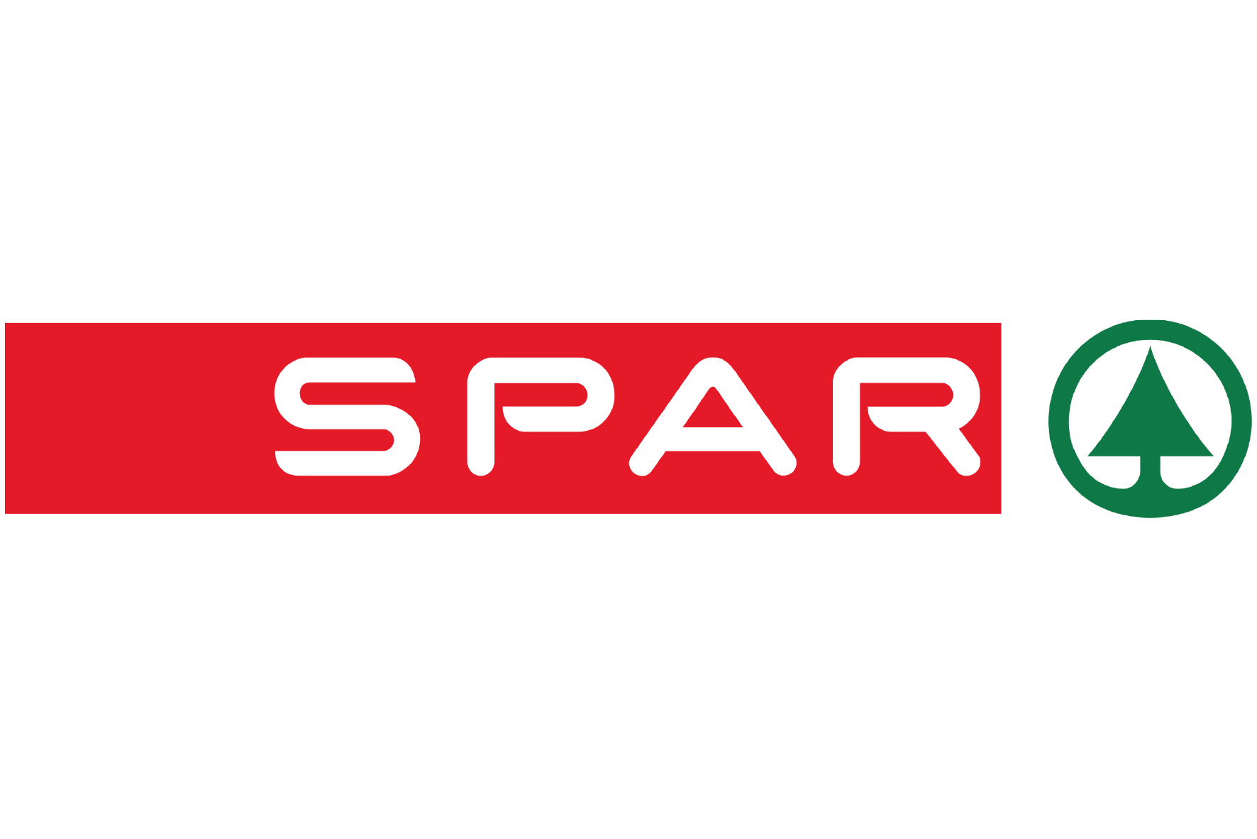 Das Logo von SPAR, mit rotem Hintergrund und weißem Schriftzug, sowie einem grünen Baum-Symbol.
