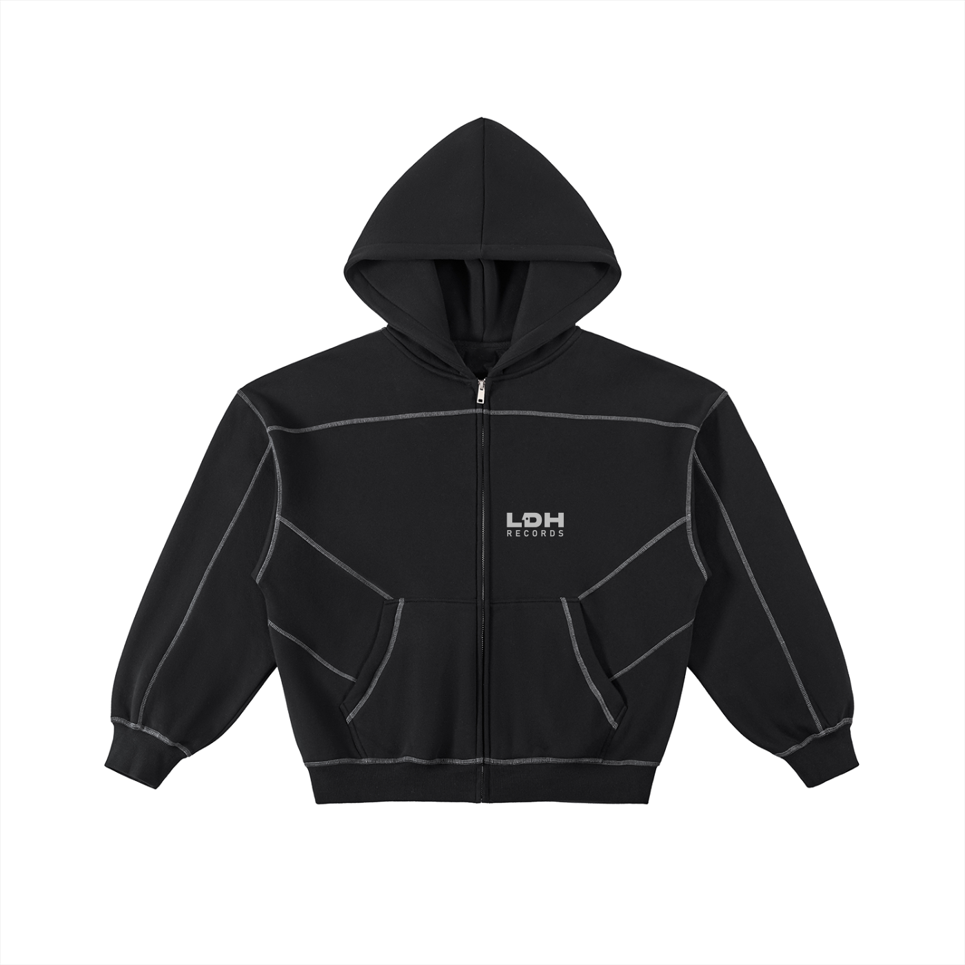 LDH Records Contrast-Stitched Boxy Fleece Zip Hoodie (Black)