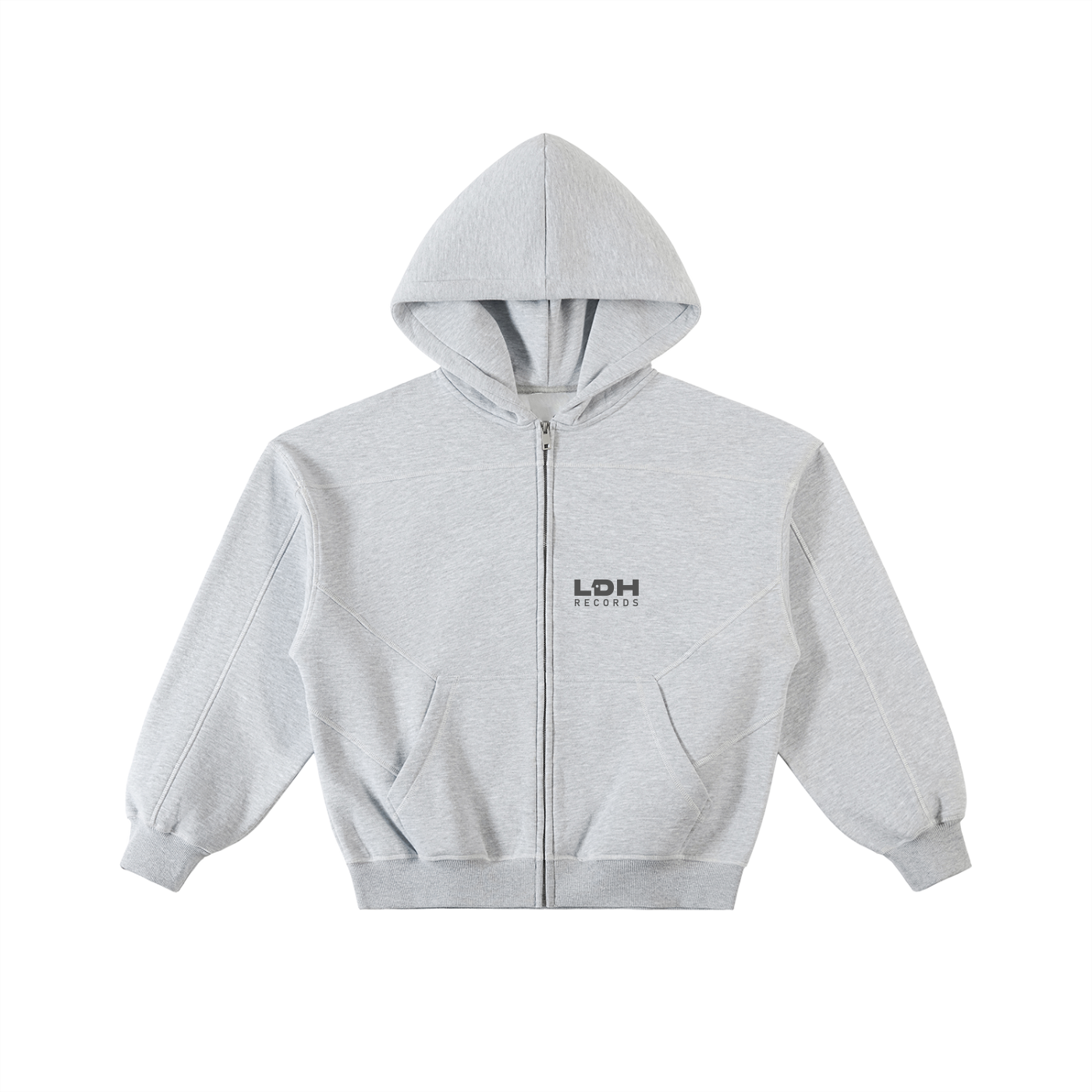 LDH Records Contrast-Stitched Boxy Fleece Zip Hoodie (Grey)