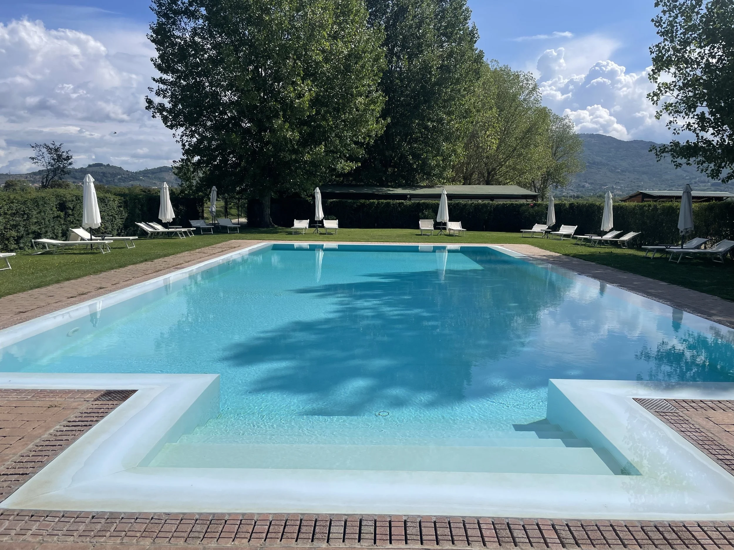An outdoor swimming pool with blue water, surrounded by white lounge chairs and umbrellas on a grassy area, with trees and mountains in the background.