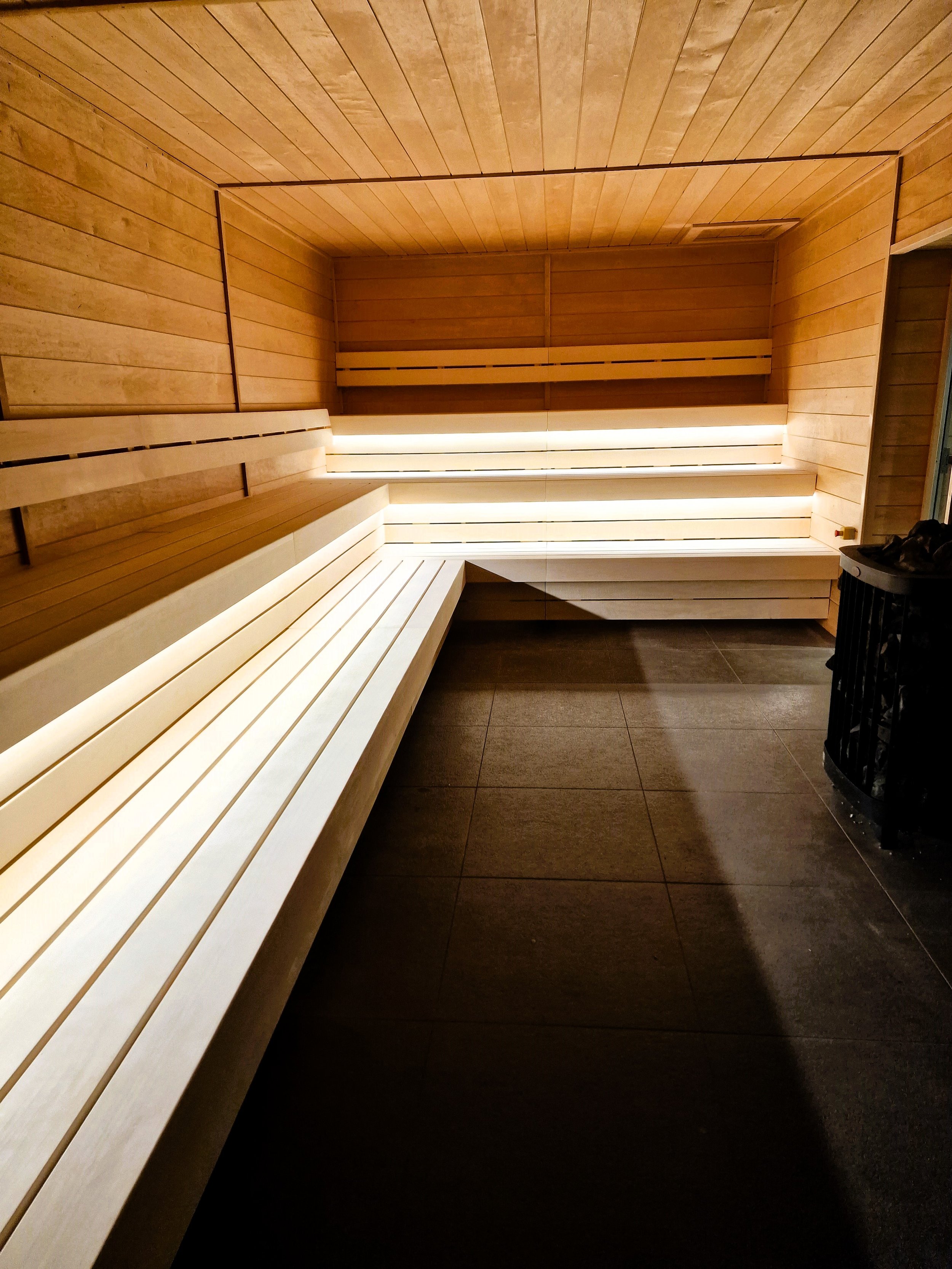 Black Elk Panoramic Sauna with Alder Walls and Aspen Benching for Rudding Park Harrogate
