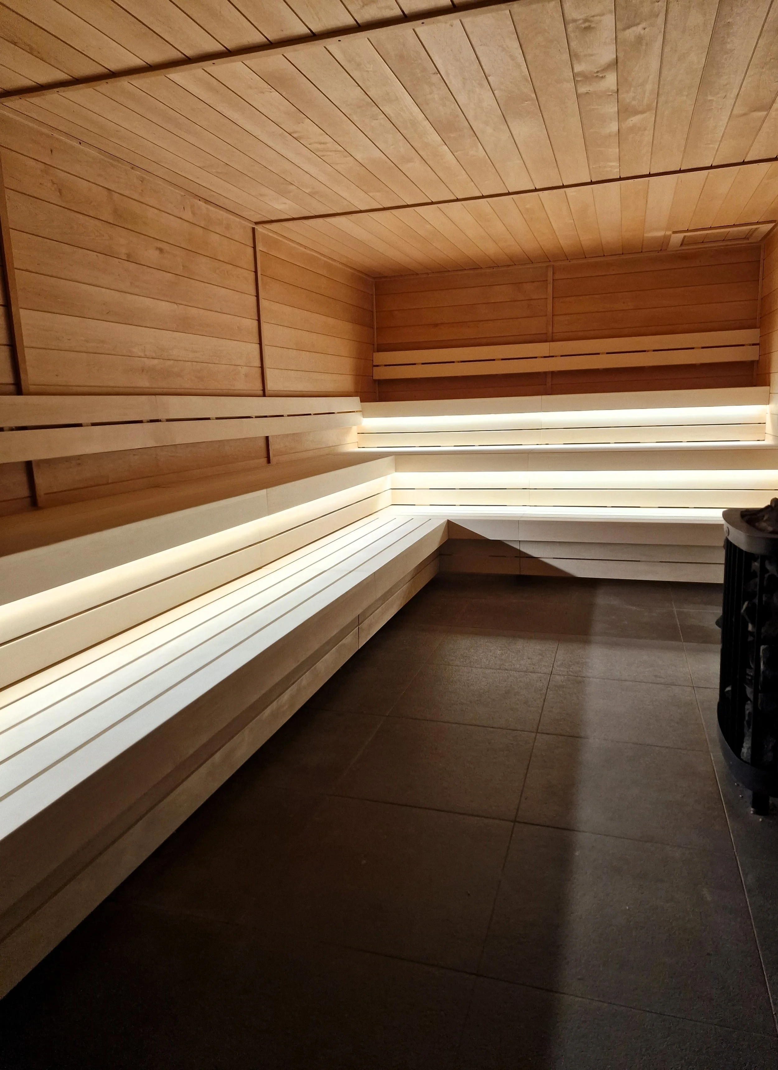 Black Elk Panoramic Sauna with Alder Walls and Aspen Benching for Rudding Park Harrogate