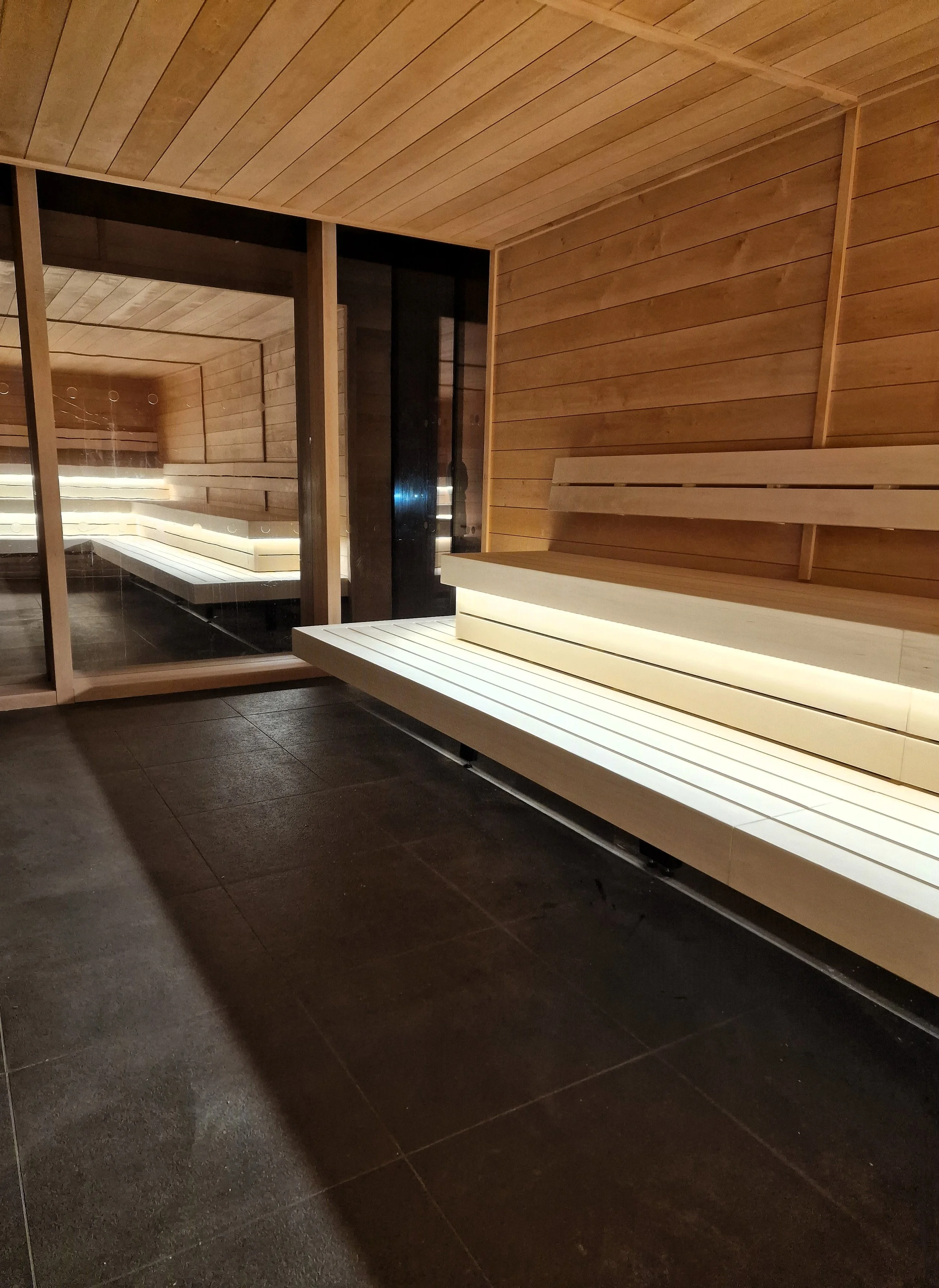 Black Elk Panoramic Sauna with Alder Walls and Aspen Benching for Rudding Park Harrogate