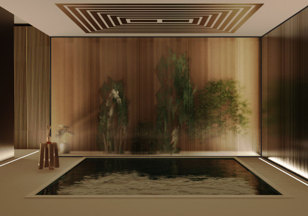 Indoor space with a small, rectangular water pool on the floor, a wooden wall with three dried plant arrangements behind it, and a ceiling with geometric black and white patterns.