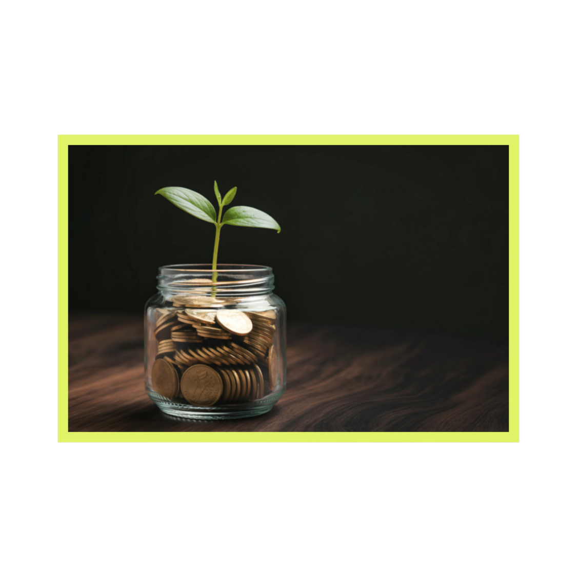 A small green plant growing from a glass jar filled with coins, symbolizing growth and savings.