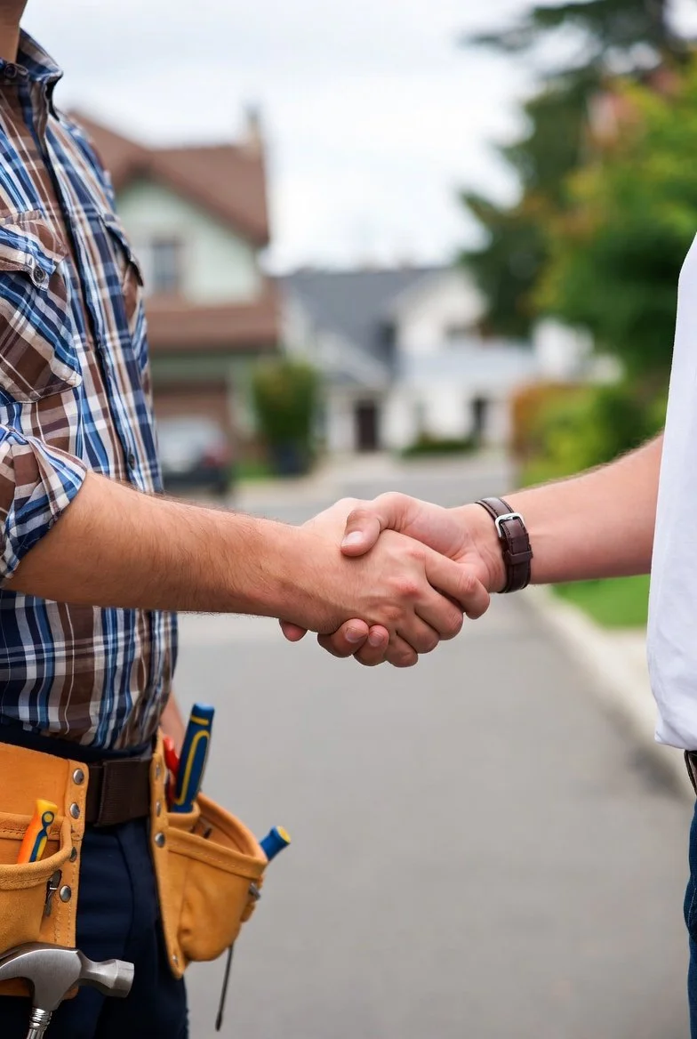 Two people shaking hands outdoors with houses and trees in the background.
