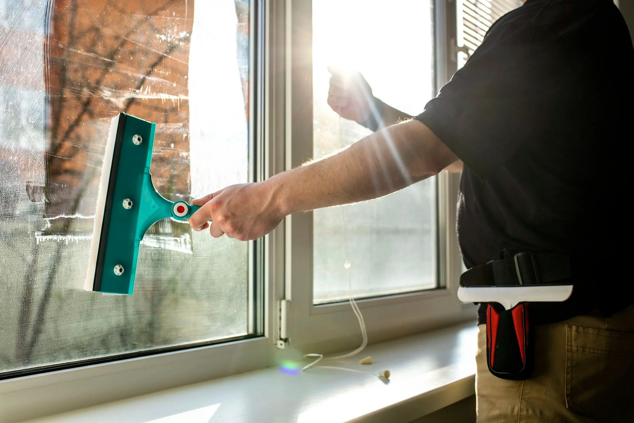 A person cleaning a window with a squeegee.