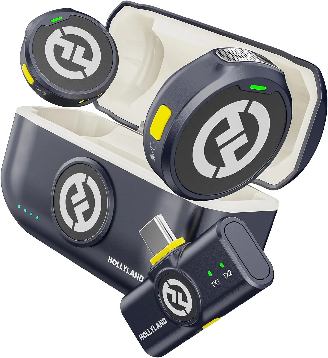 Cuffie wireless con caricatore e adattatori di collegamento Hollyland, progettate per comunicazioni professionali.