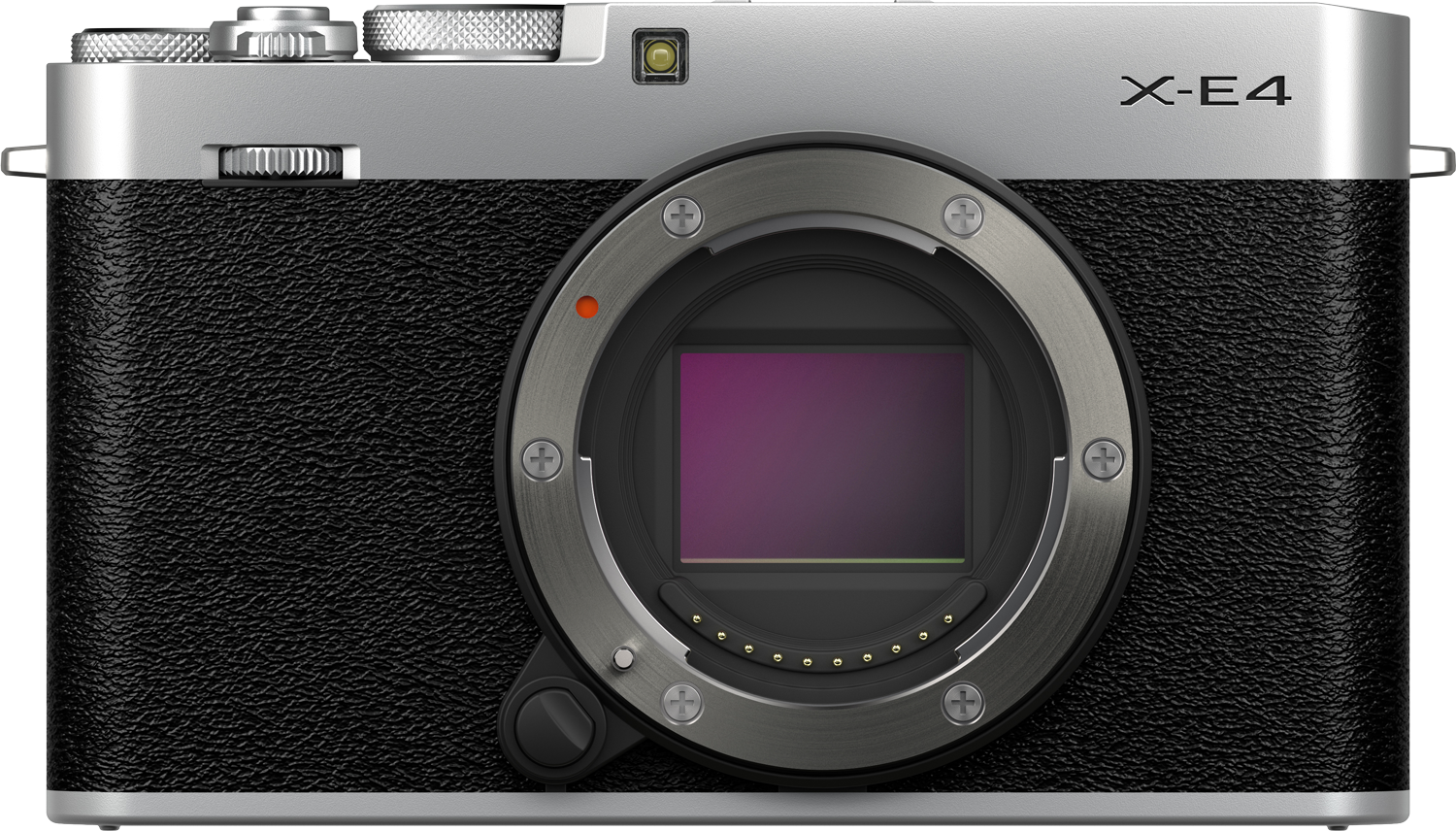 Fotocamera mirrorless Sony X-E4 con obiettivo rimosso, frontale