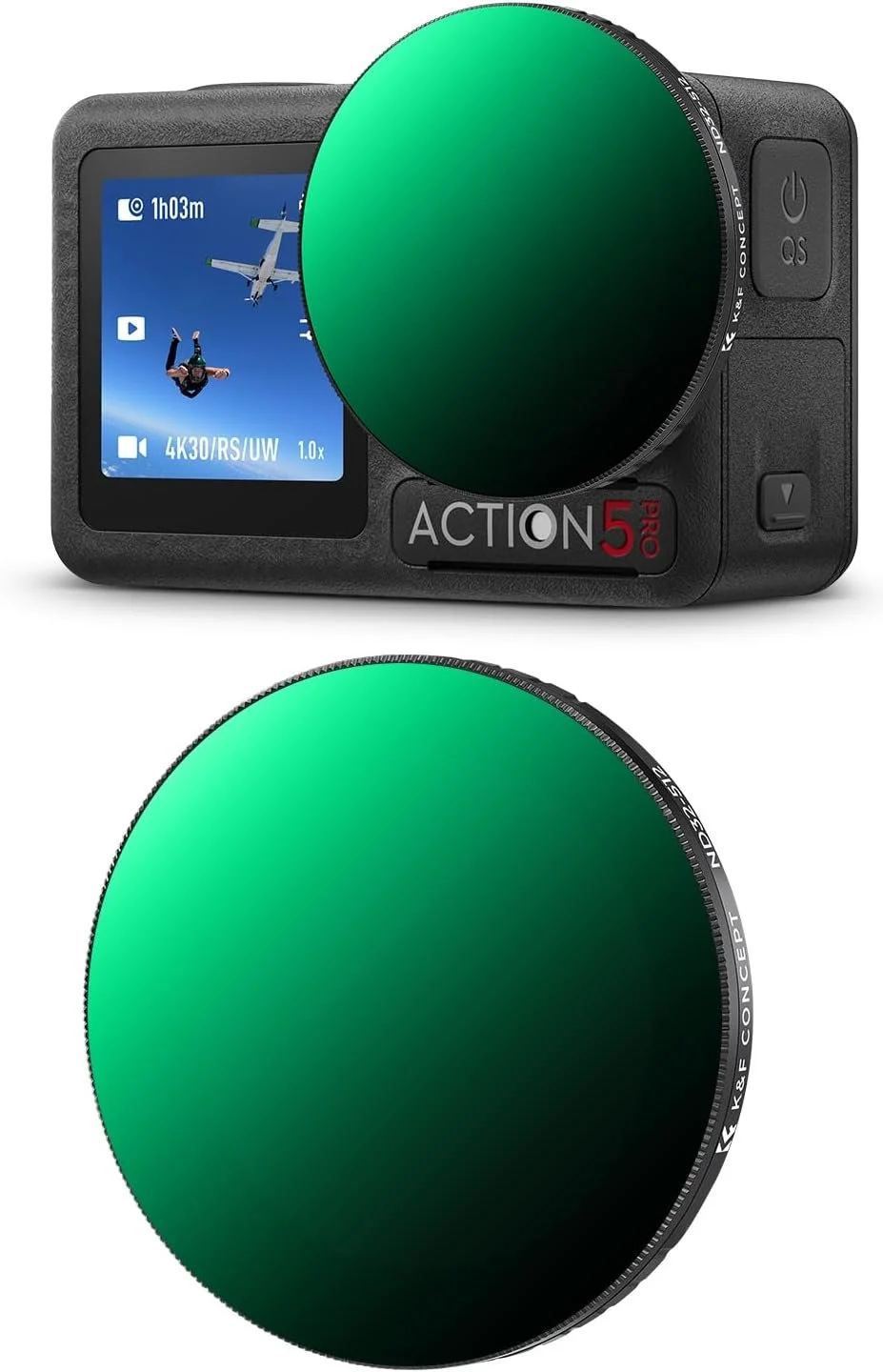 Una fotocamera stabilizzata con un filtro ND e un filtro circolare verde attached.