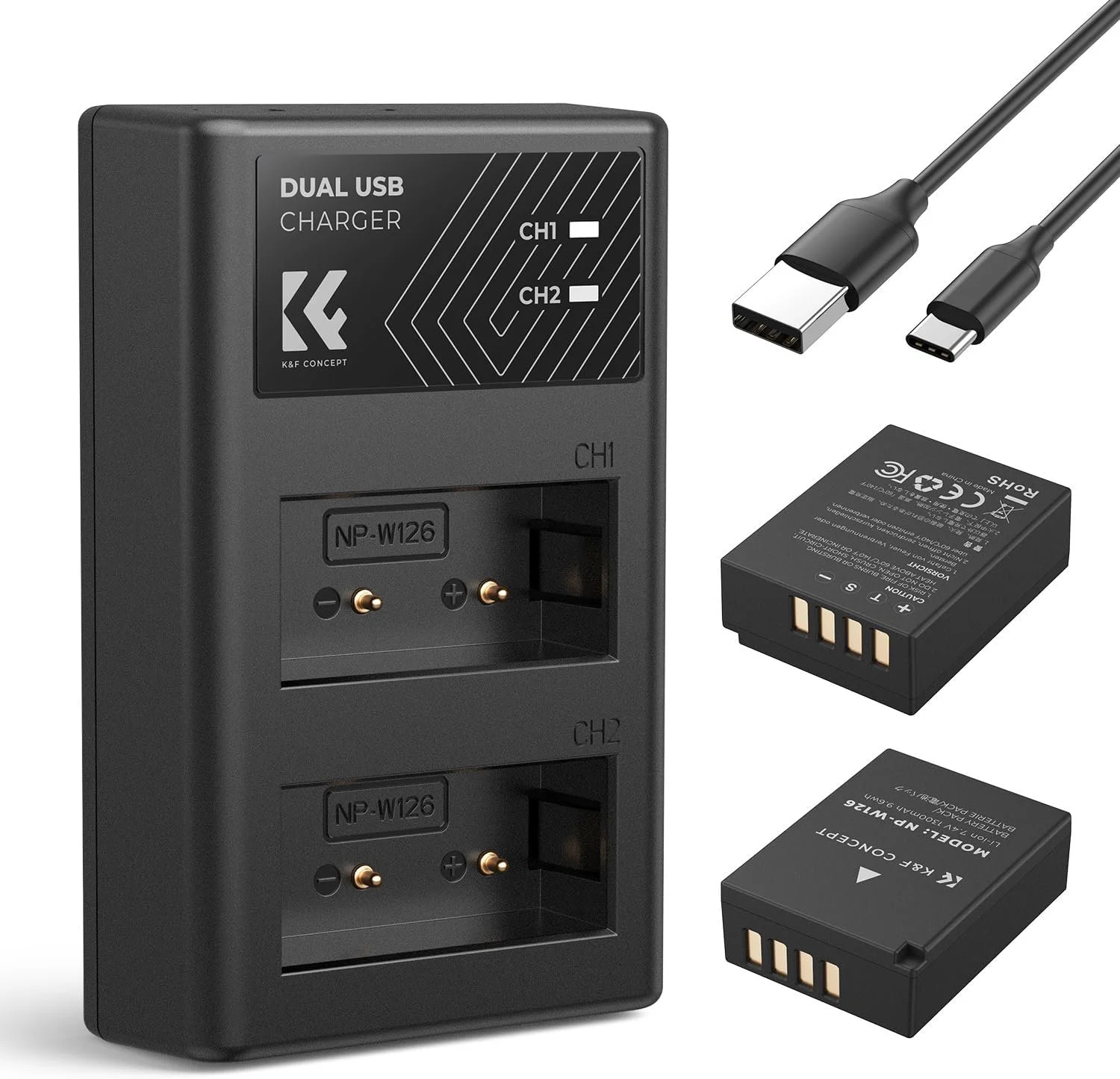 Caricabatterie con due porte USB, due batterie ricaricabili, un cavo USB-C e un cavo USB-A