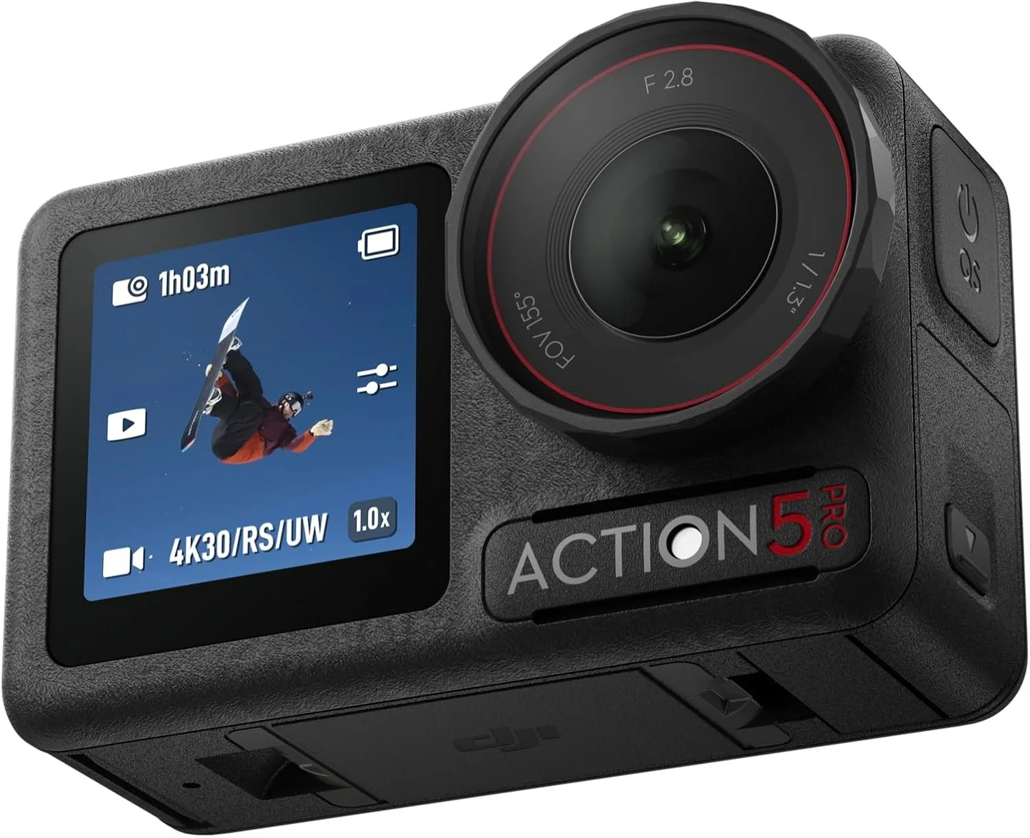 Action Camera con schermo display che mostra una persona che fa snowboard durante il giorno.