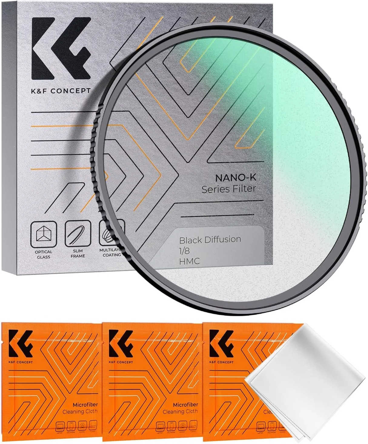 Kit di filtri per acqua, inclusi un filtro a serie NANO-K, un pacchetto di panni in microfibra per pulizia e una scatola con schede di raccomandazione, con marchio K&F Concept.