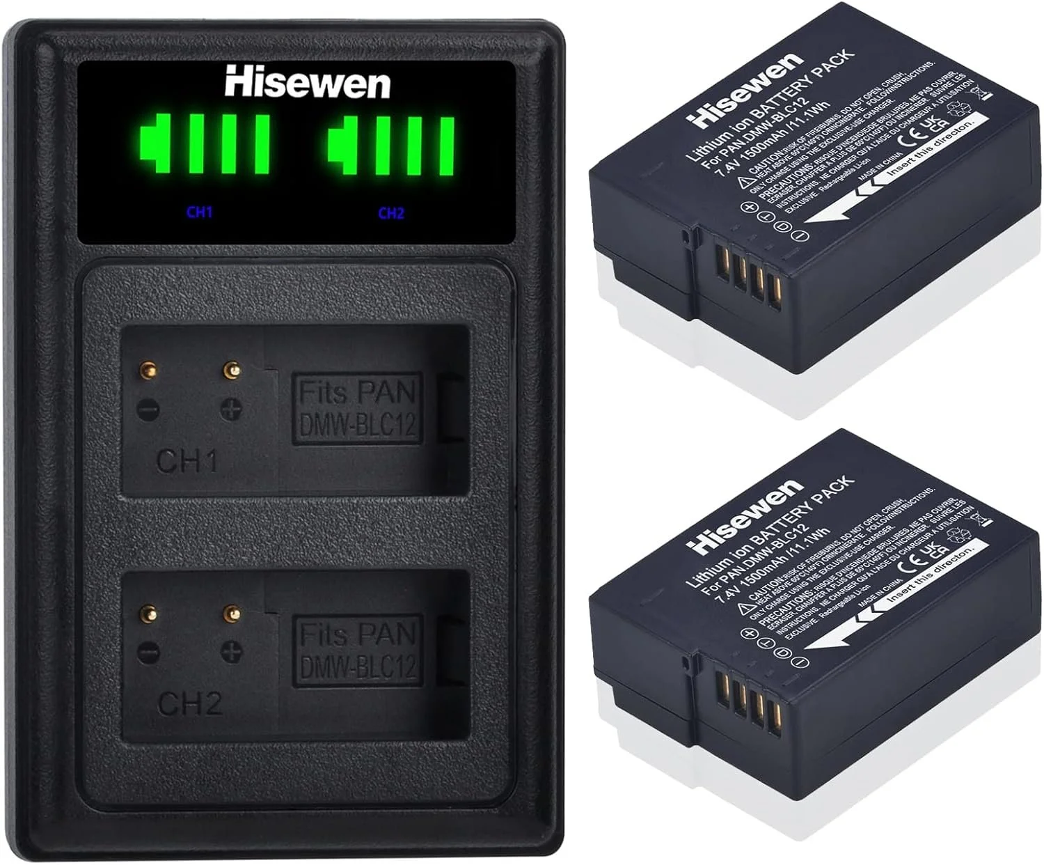 Due batterie agli ioni di litio e un caricabatterie con display digitale.