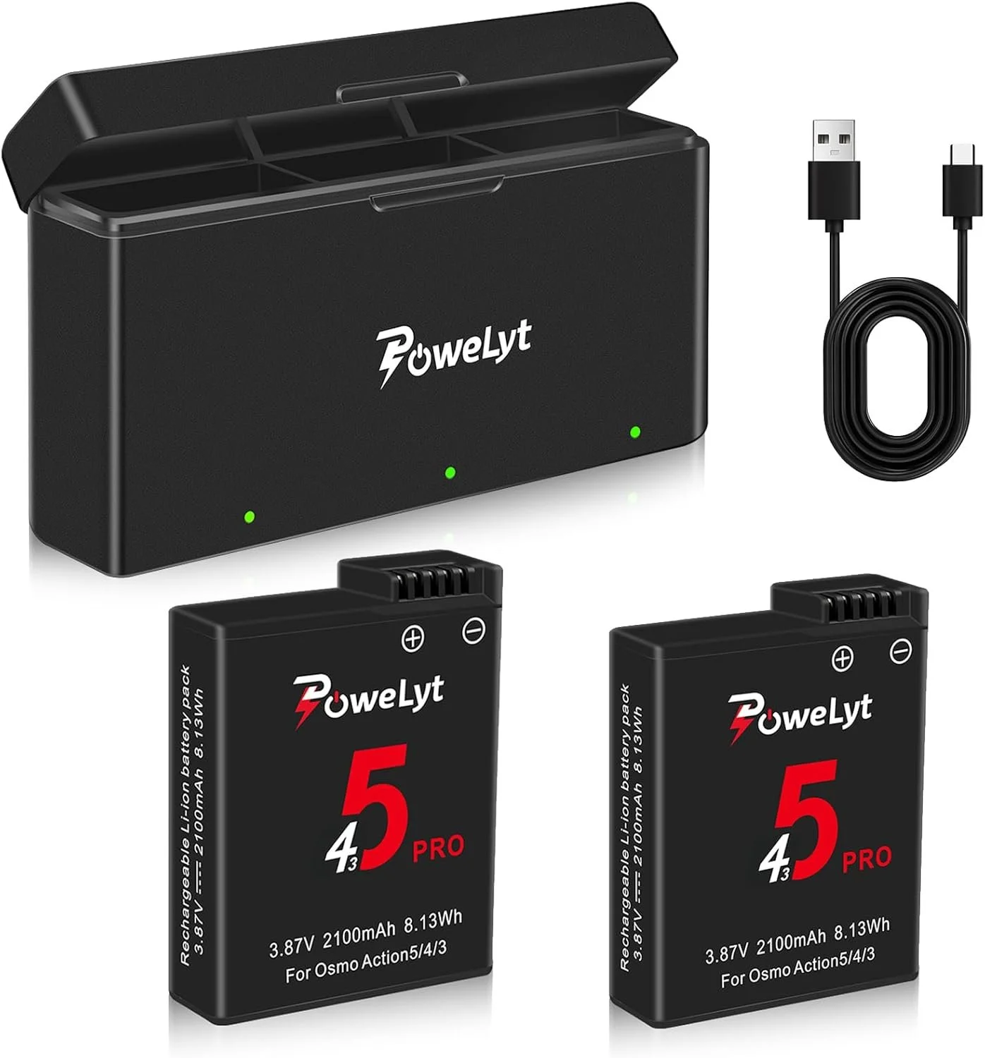 Batterie ricaricabili PowerLyt da 2100mAh, caricatore, cavi USB, per droni Osmo Action.