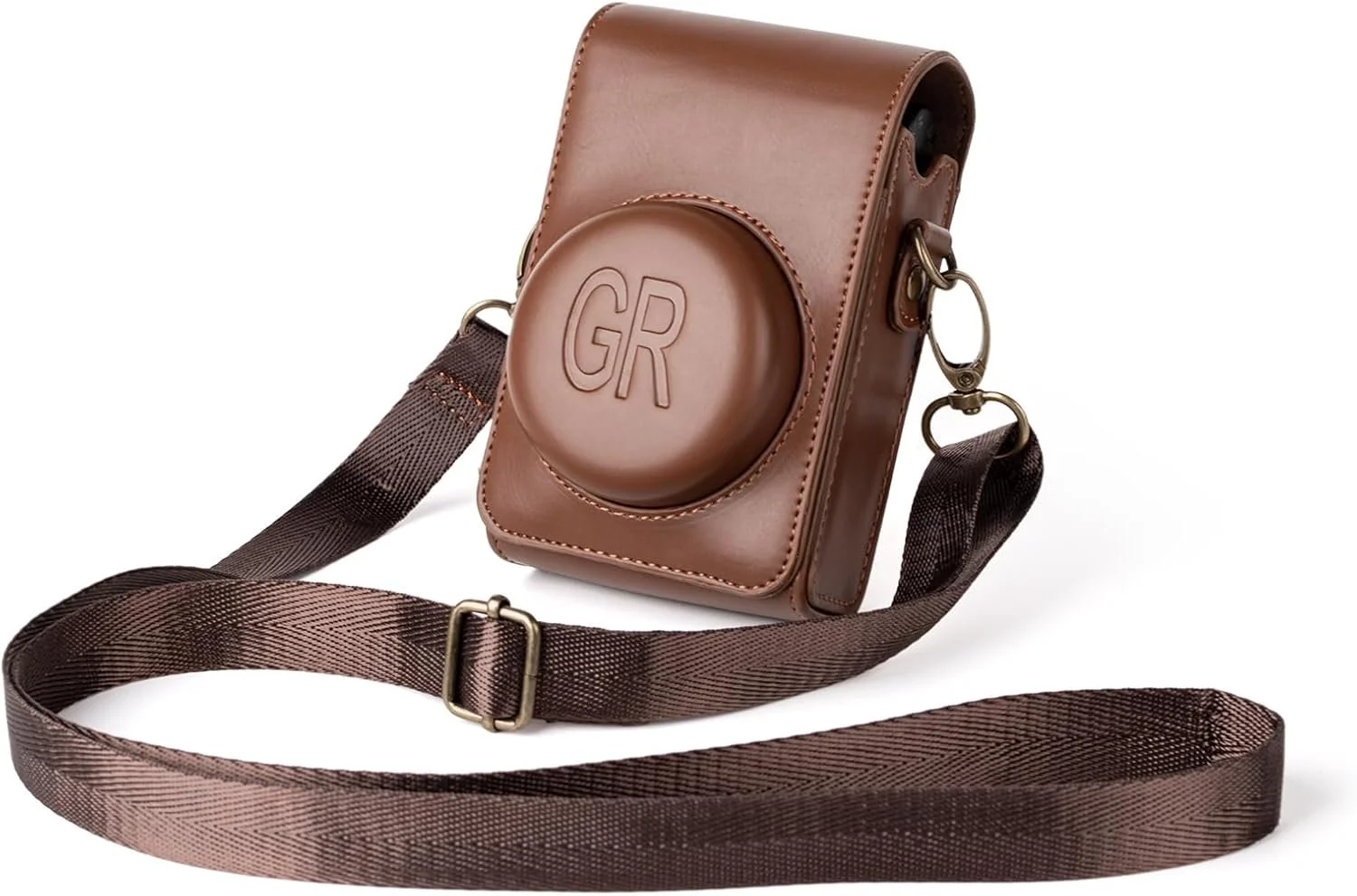 Borsa a tracolla marrone con logo inciso 'GR' sulla tasca frontale e tracolla larga in tessuto.