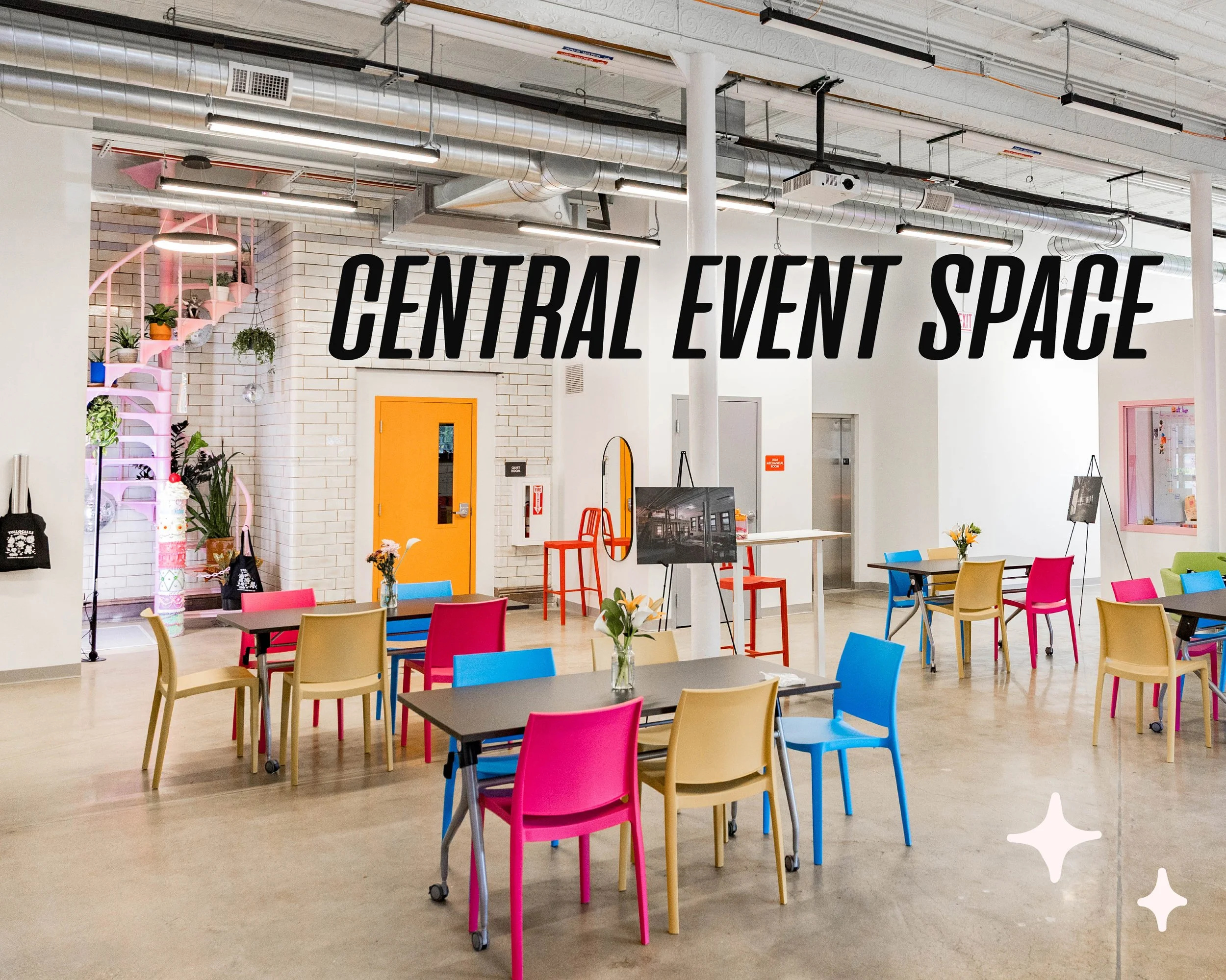 Graphic text reading "Cental Event Space" is visible over an image of a whide open space with white walls and several tables and colorful chairs. A pink spiral staircase, and an elevator are visible.