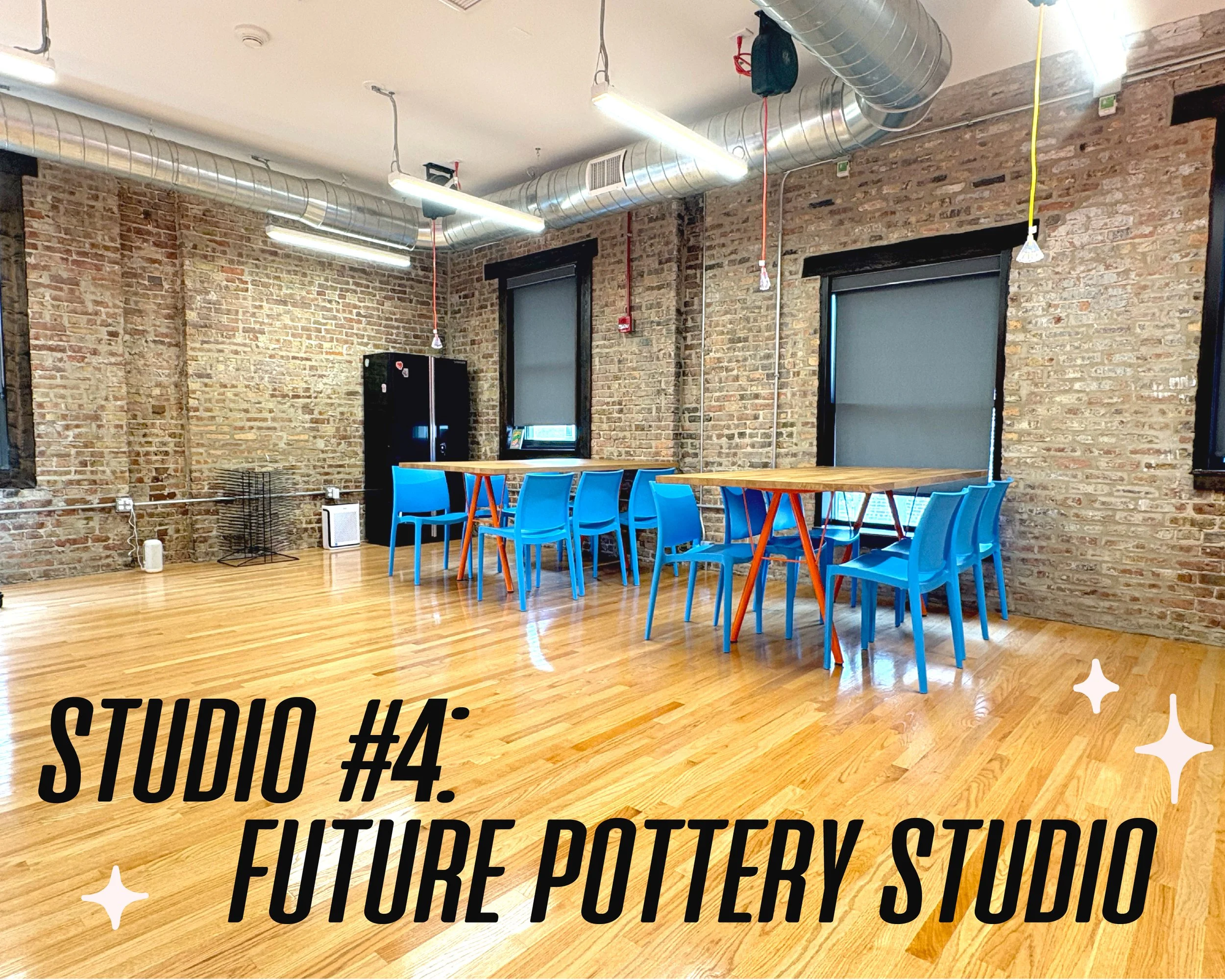 Graphic text reads, "Studio #4: Future Pottery Studio," over an image of a large workspace with tables and blue chairs. 