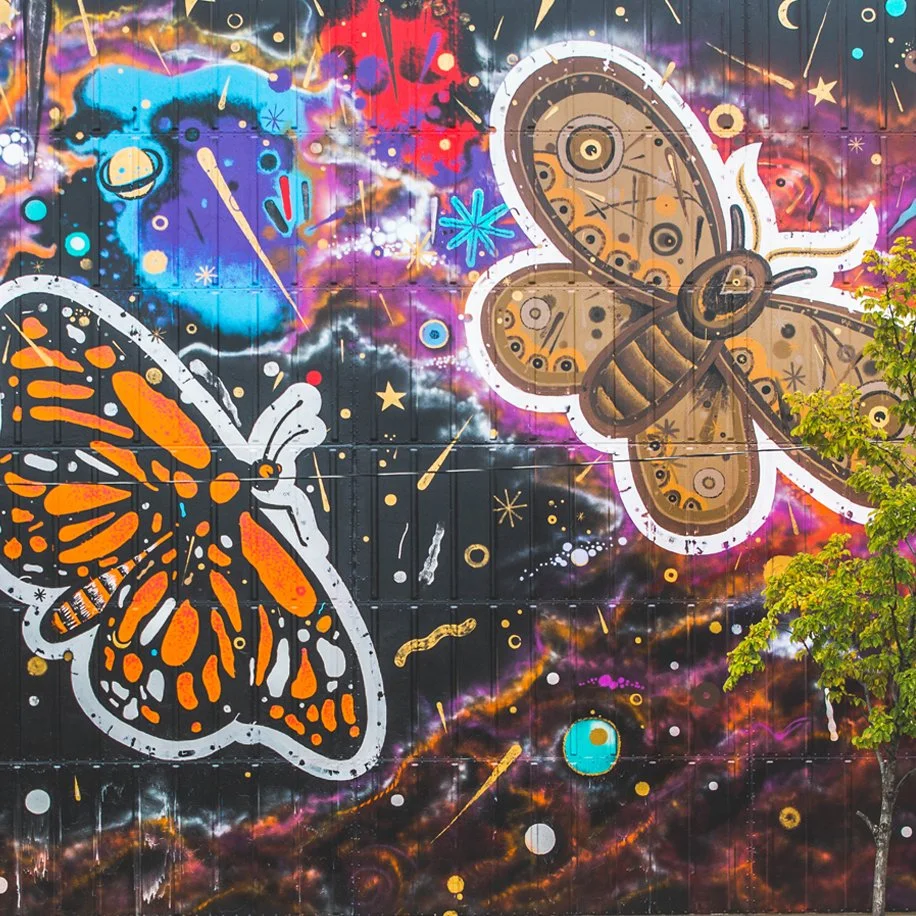 A mural depicting two butterflies, one is a monarch, the other is a more stylized moth. The background depicts a psychedelic view of stars in a night sky.