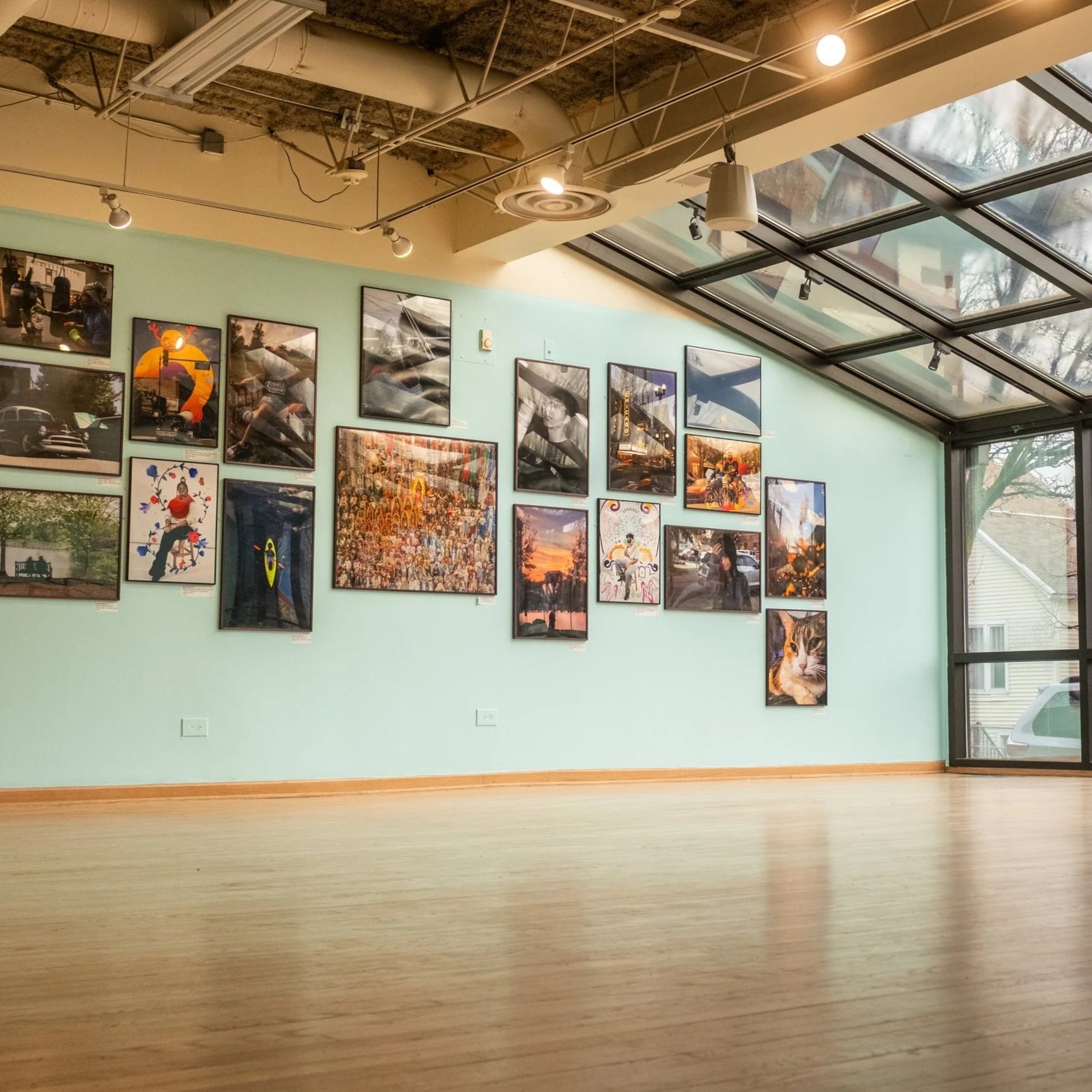 An art gallery with a light green wall displaying various framed photographs and artwork. The gallery has a large glass ceiling letting in natural light, and a wooden floor. Through the glass, trees and a house are visible outside.