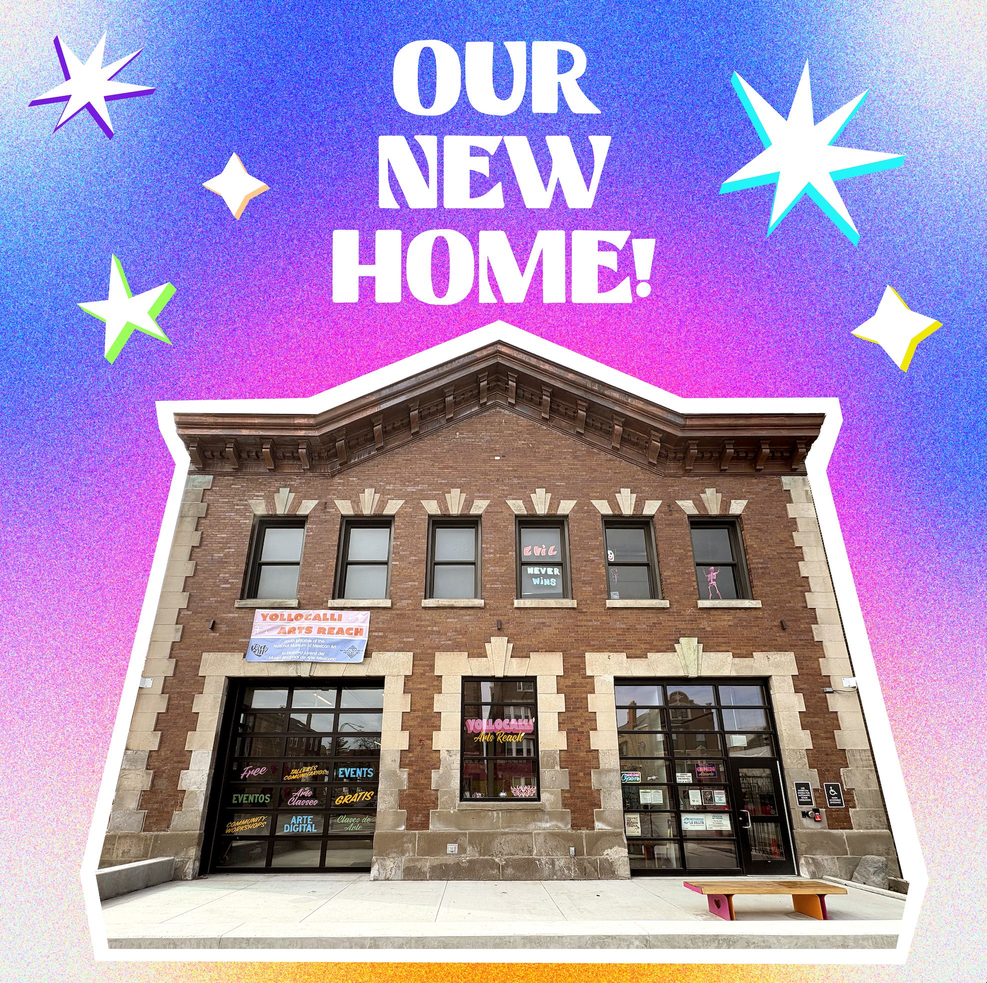A stylized graphic features a picture of a brick firehouse building. It is set on a multicolored background. Text above the image reads; "Our new home!"