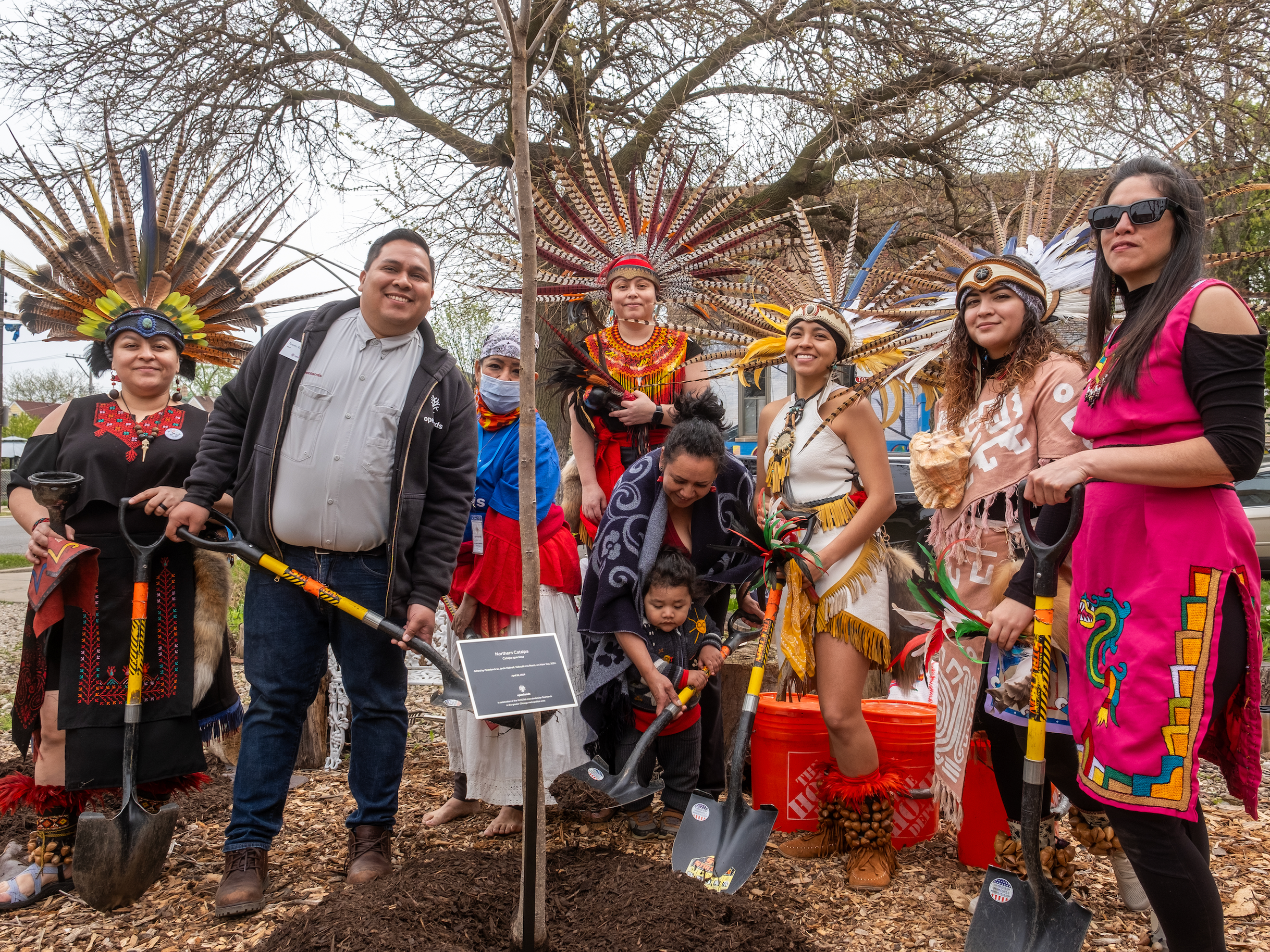 Multiple people gather around a recently planted tree, holding shovels.  Some individuals are wearing traditional Danza Azteca clothing.
