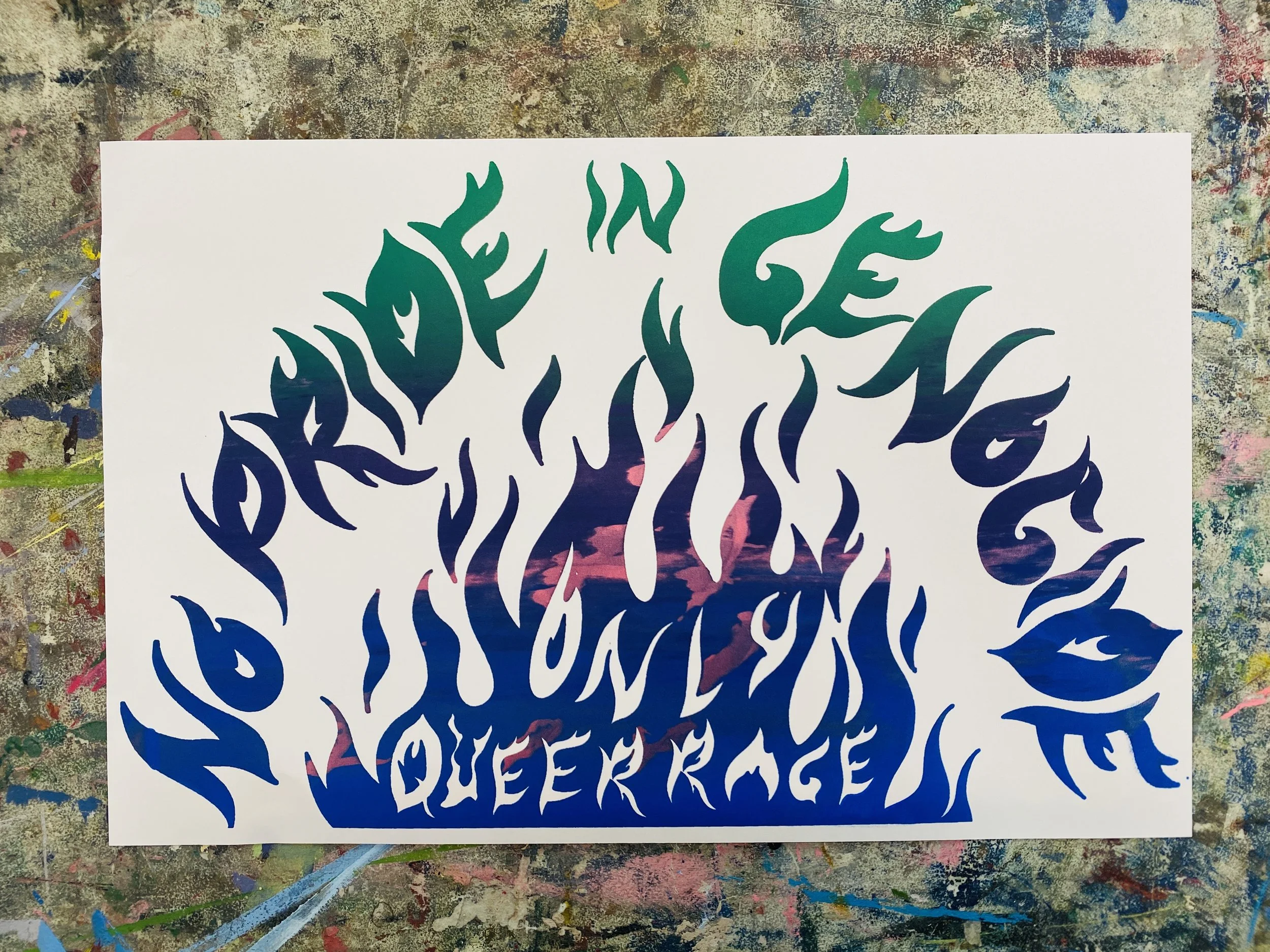 A multicolor art print on a white background. Text on the print reads: "No pride in genocide; only queer rage."