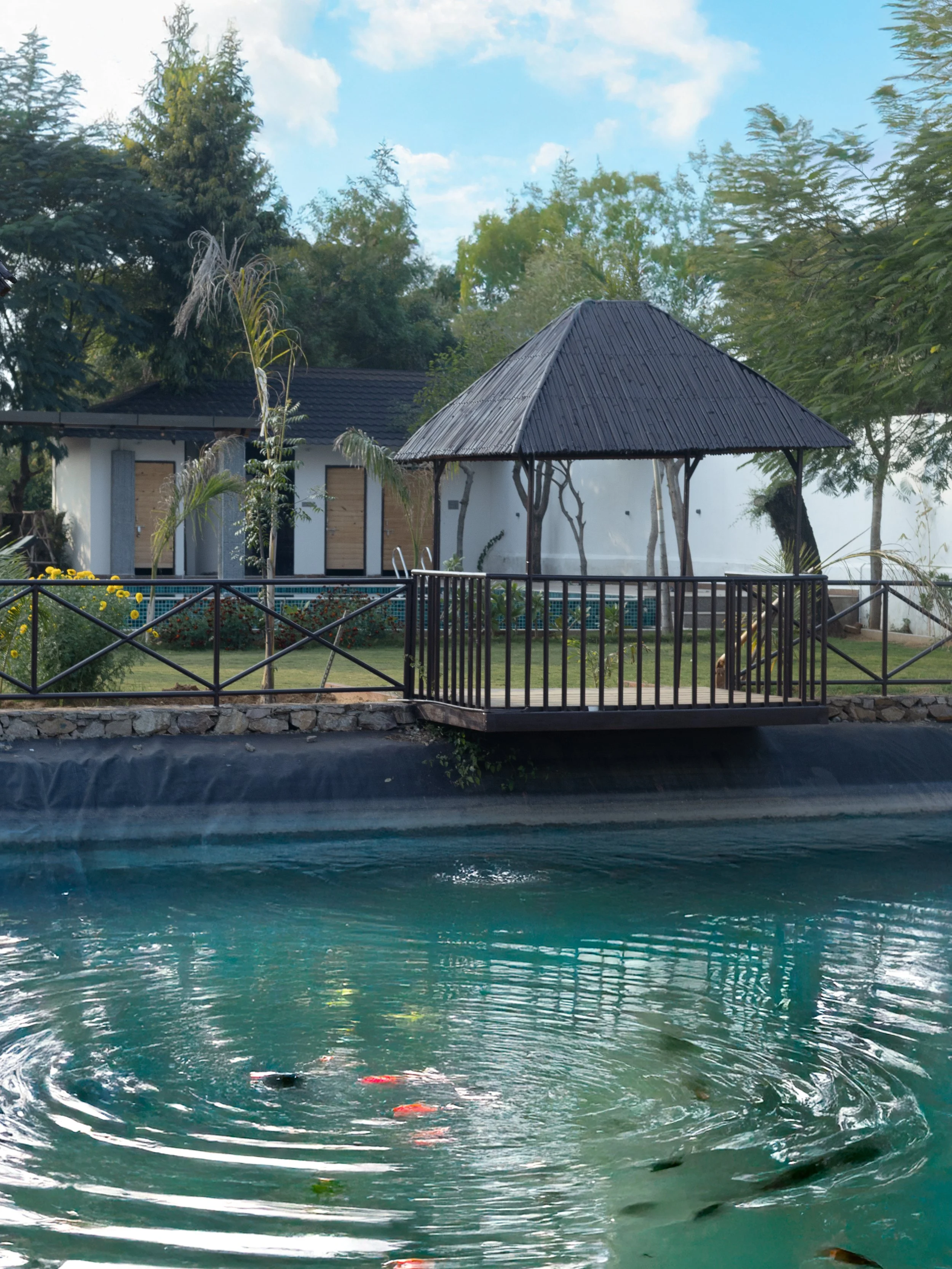A scenic outdoor area with a pond in the foreground containing koi fish, a grassy lawn with trees, a small gazebo with a thatched roof, and a building with wooden doors in the background.