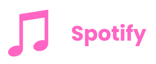 Spotify logo with a pink musical note and the word 'Spotify' in pink text.