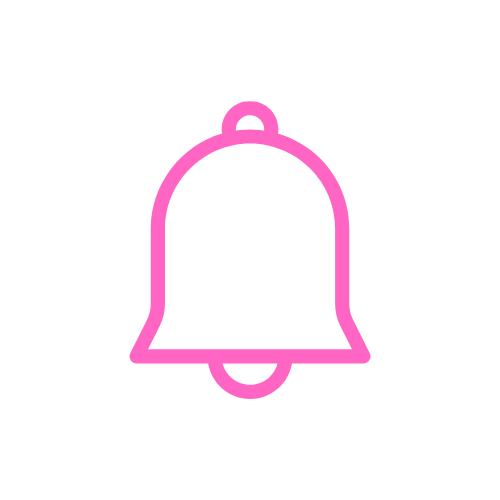 A pink outlined notification bell icon on a black background.