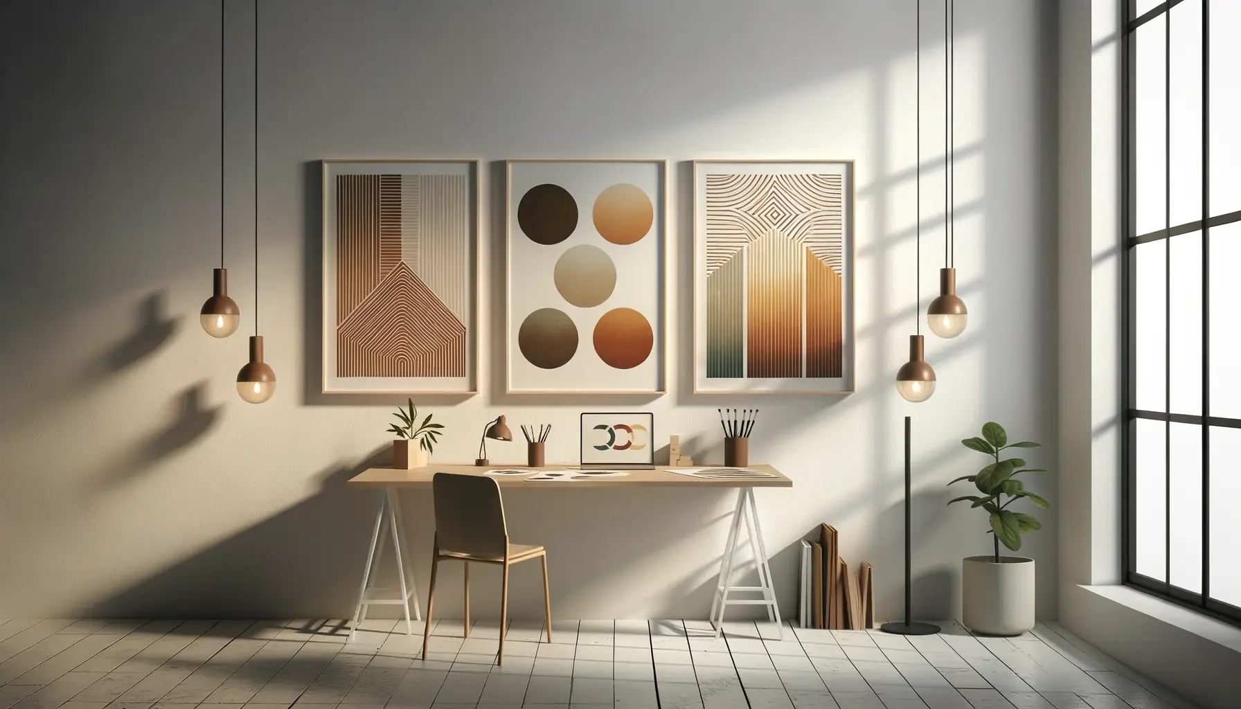 Modern minimalistisk arbetsyta med ett ljust träbord, en beige stol och inramad geometrisk konst på väggen. Hängande pendellampor, en krukväxt och ett stort fönster där solen kastar skuggor.