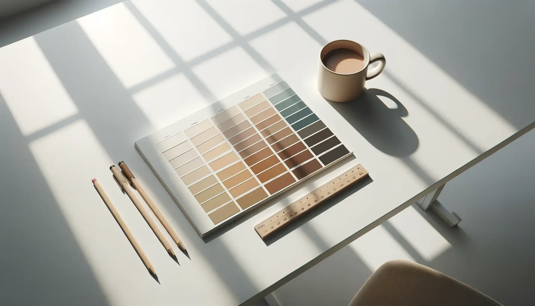 A workspace with beige and dark green color swatches, three pens, a wooden ruler, a cup of coffee, and a sample board casting shadows from window blinds on a white table.