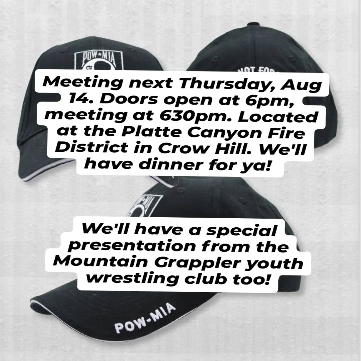 The next @theamericanlegion Post 2527 meeting is next week. (Thursday, Aug. 14th)  Dinner will be waiting for you. We'd love to see you there! 

We'll be hearing from the local youth wrestling club, the @mtngrapplers and talking about new club hat de
