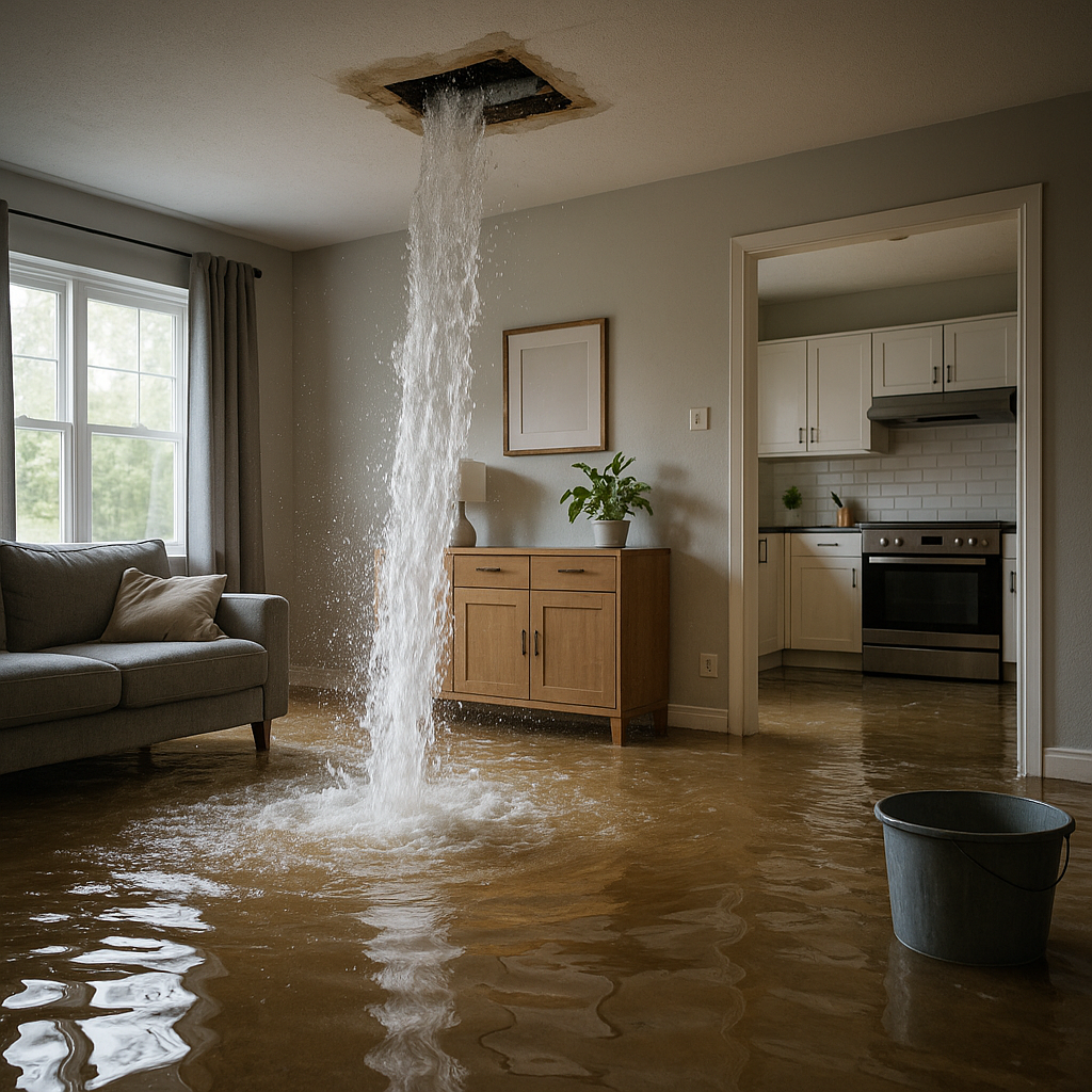 Living room with water flowing from a ceiling pipe in the kitchen, flooding the floor, with a couch, side table with a potted plant, window with curtains, and a kitchen with white cabinets and stainless steel appliances.