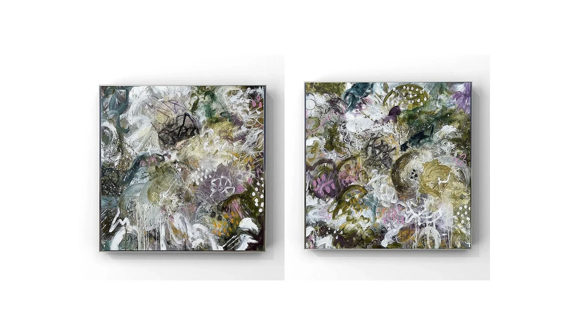 Two abstract paintings with swirling patterns, splashes, and dots in shades of white, black, purple, green, and gold, mounted on a white wall.
