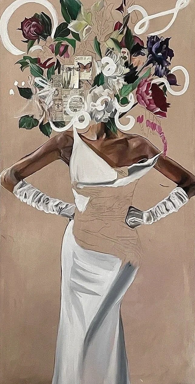 A painting of a woman in a white gown with gloves, with a large bouquet of flowers and newspaper clippings for a head. The background is beige, and the woman has her hands on her hips.