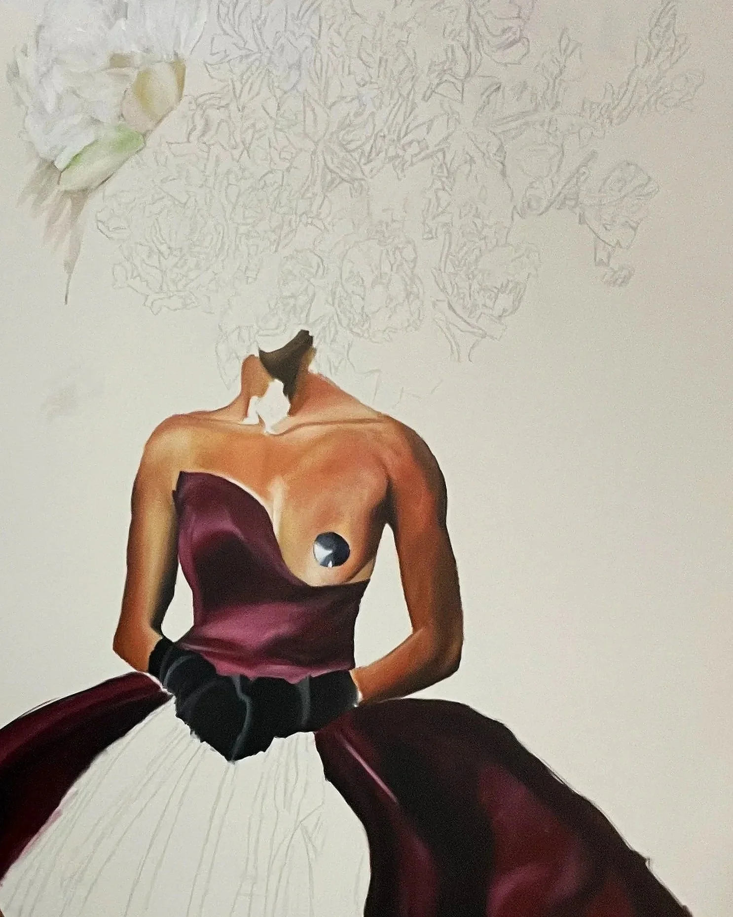 An artistic painting of a woman in a purple dress with no head, holding a black item with hands covered in black gloves. The background includes a faint sketch of a flower.
