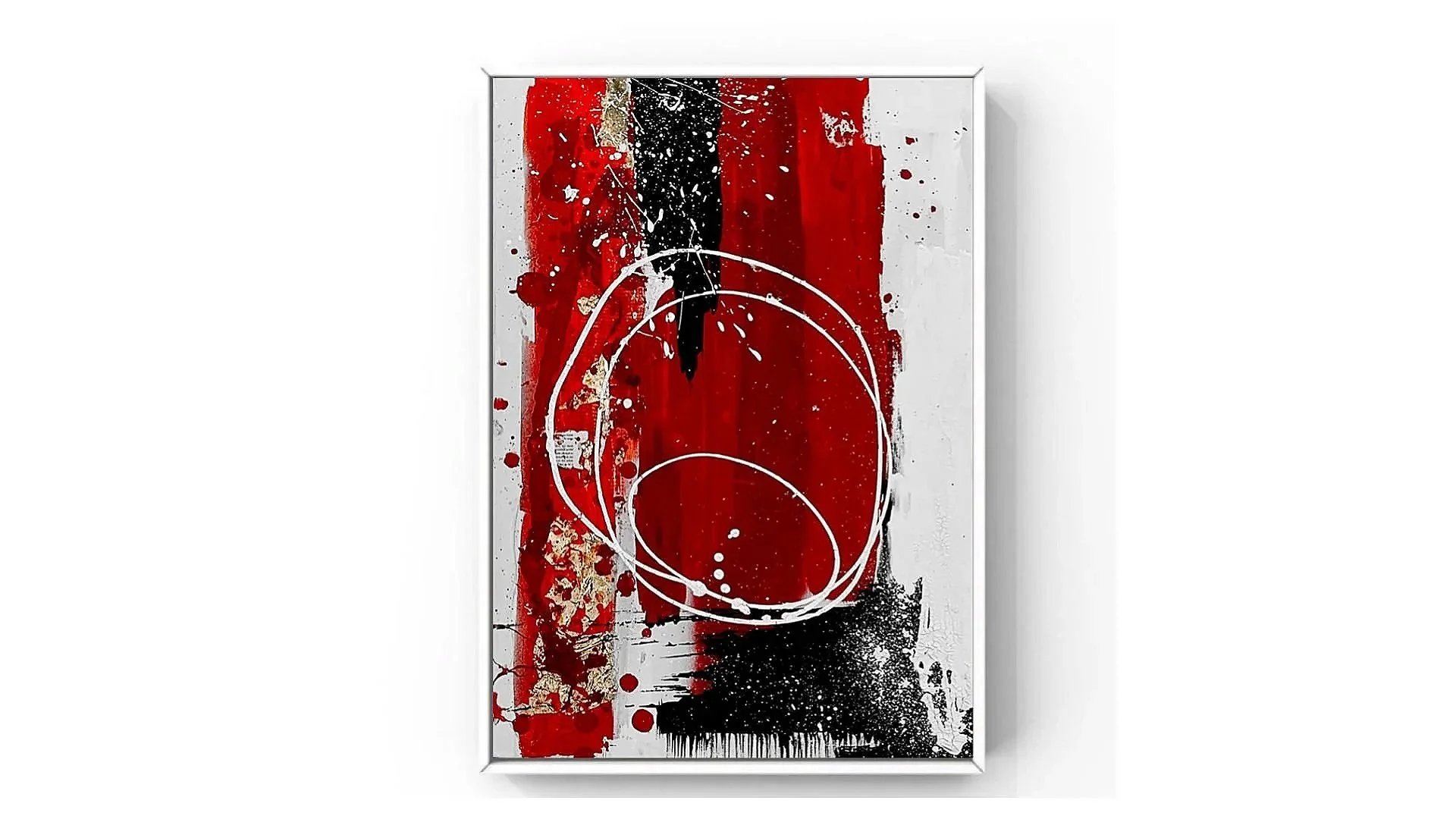 Abstract art with red, black, white, and gold splashes and circles.