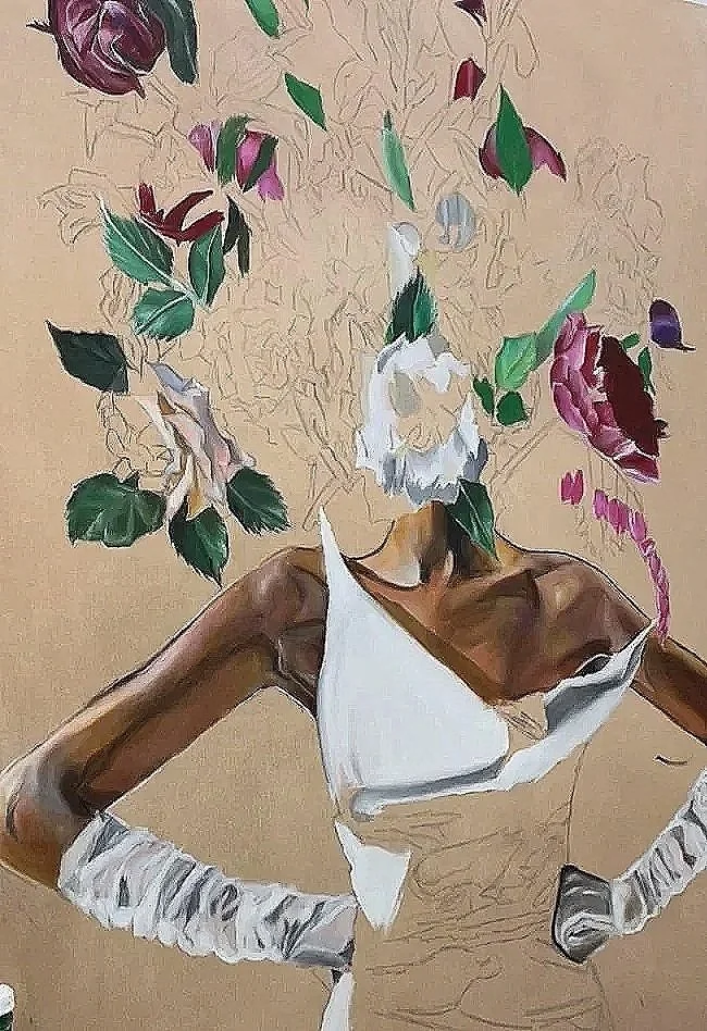 Abstract painting of a woman with floral elements for hair, wearing a white top and silver gloves, set against a beige background.