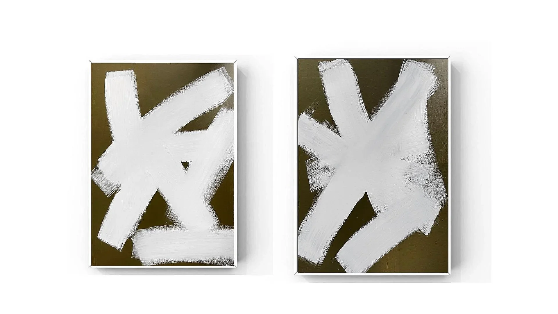Two abstract paintings with white brushstrokes on dark backgrounds, framed and hung on a white wall.