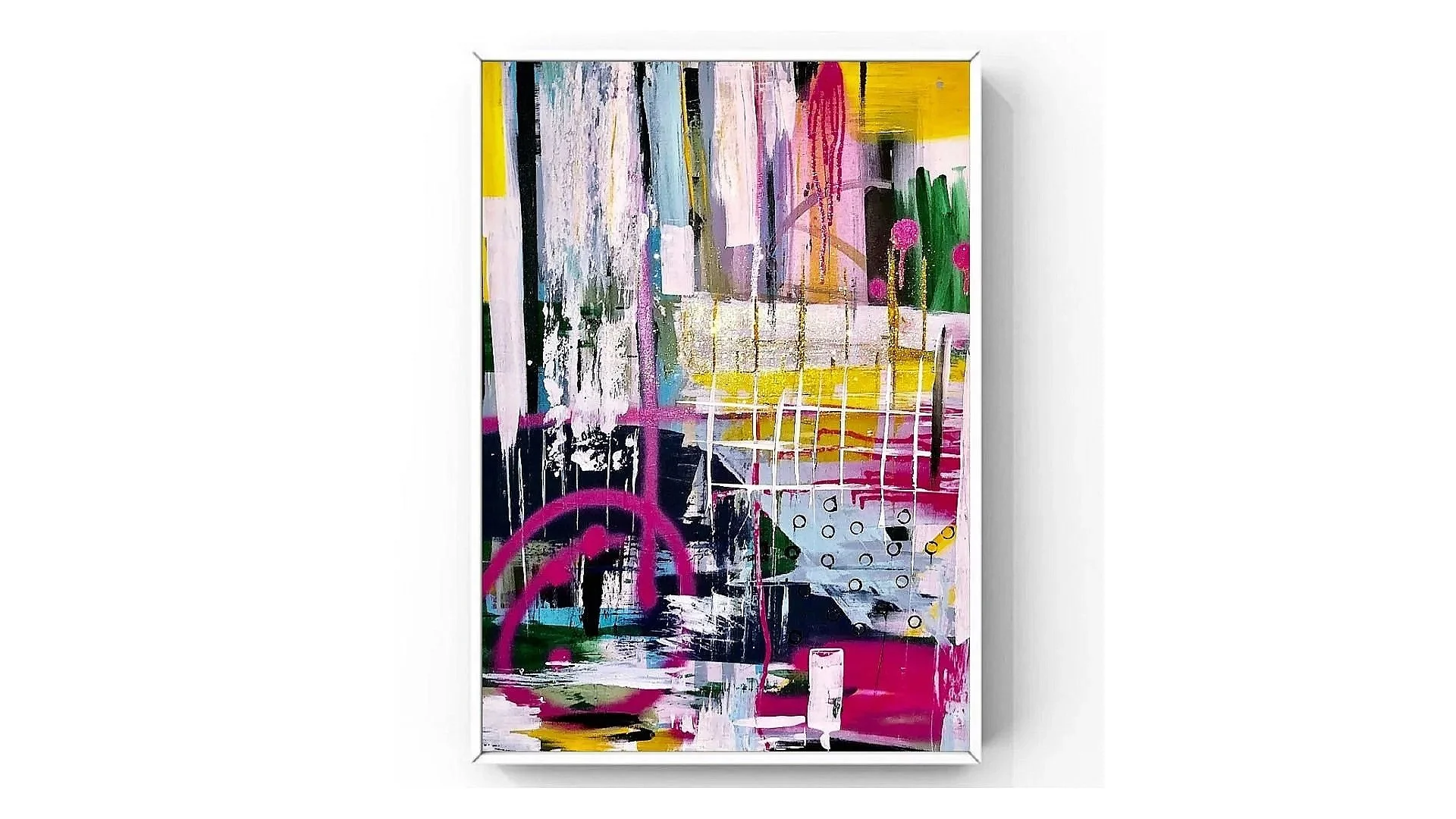 Colorful abstract painting with overlapping shapes and layers in pink, yellow, green, black, white, and blue on a white gallery wall.