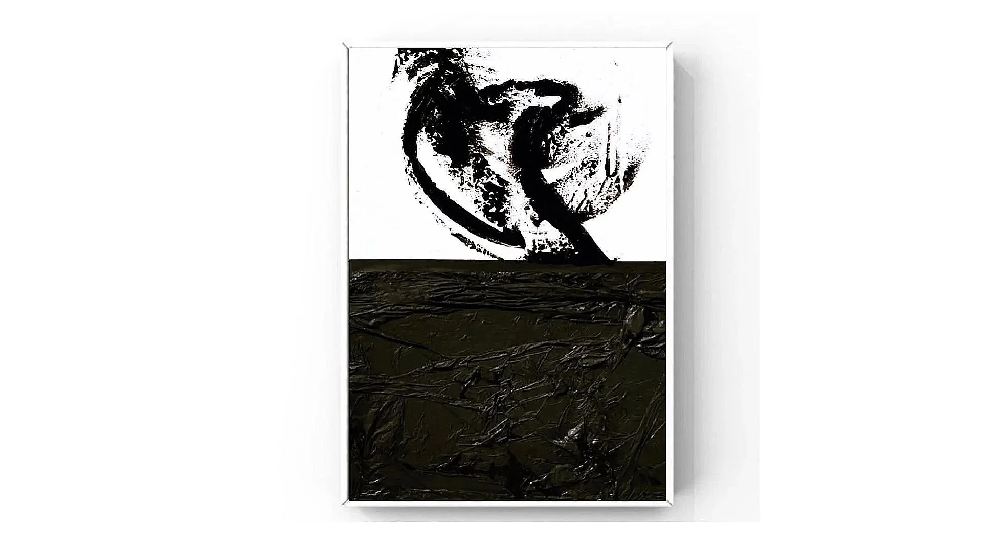 Abstract mixed media art with a black and white upper section featuring a spiral-like pattern, and a dark textured lower section resembling crumpled material.