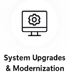 Icon of a computer monitor with a gear symbol, representing technology or updates.