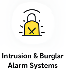 Icon of a yellow padlock with a black keyhole and surrounding lines indicating security, above the text 'Intrusion & Burglar Alarm Systems'.