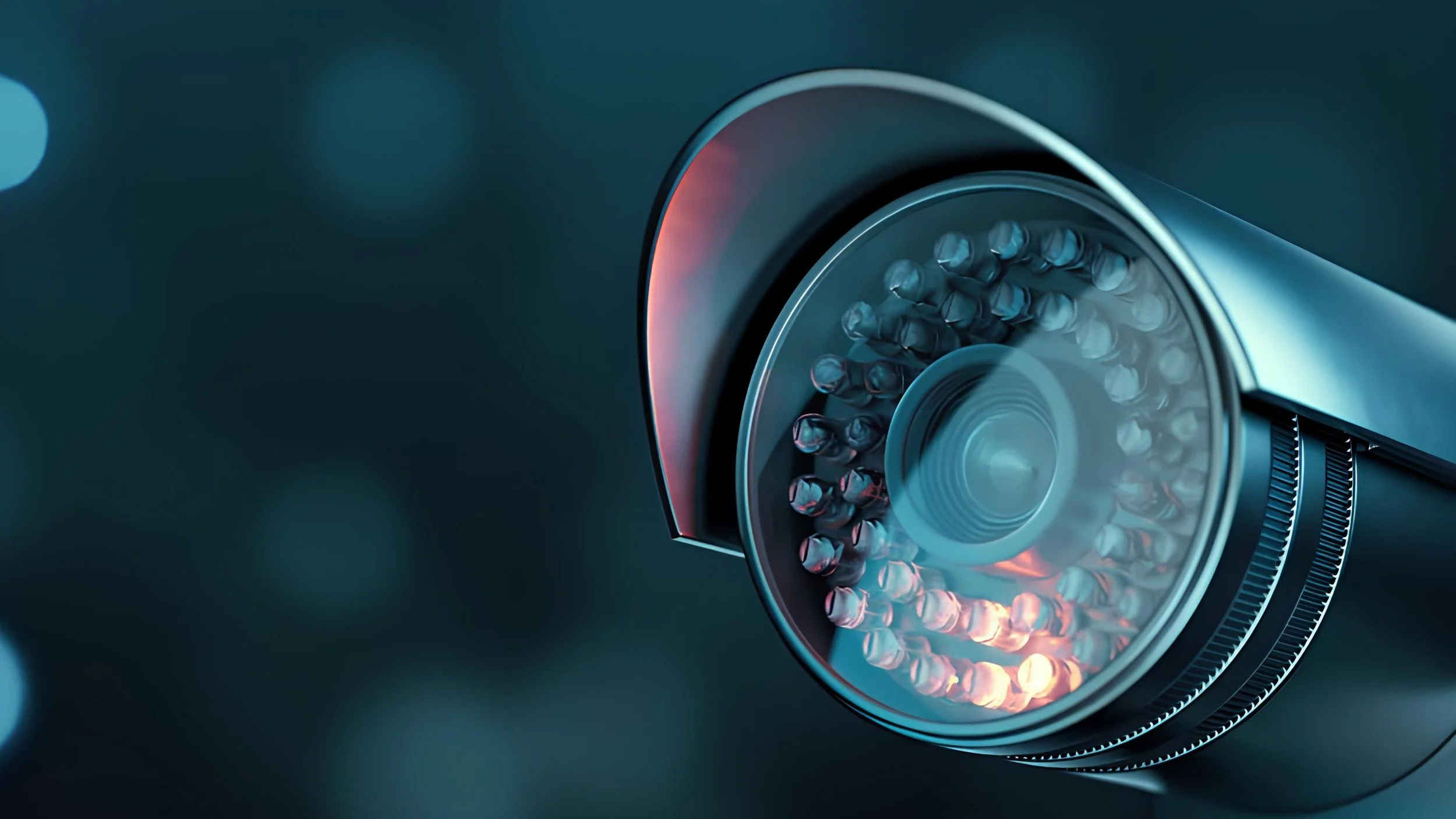 Close-up of a modern camera lens with multiple small glass elements and a metallic outer rim, illuminated by soft blue and red light.