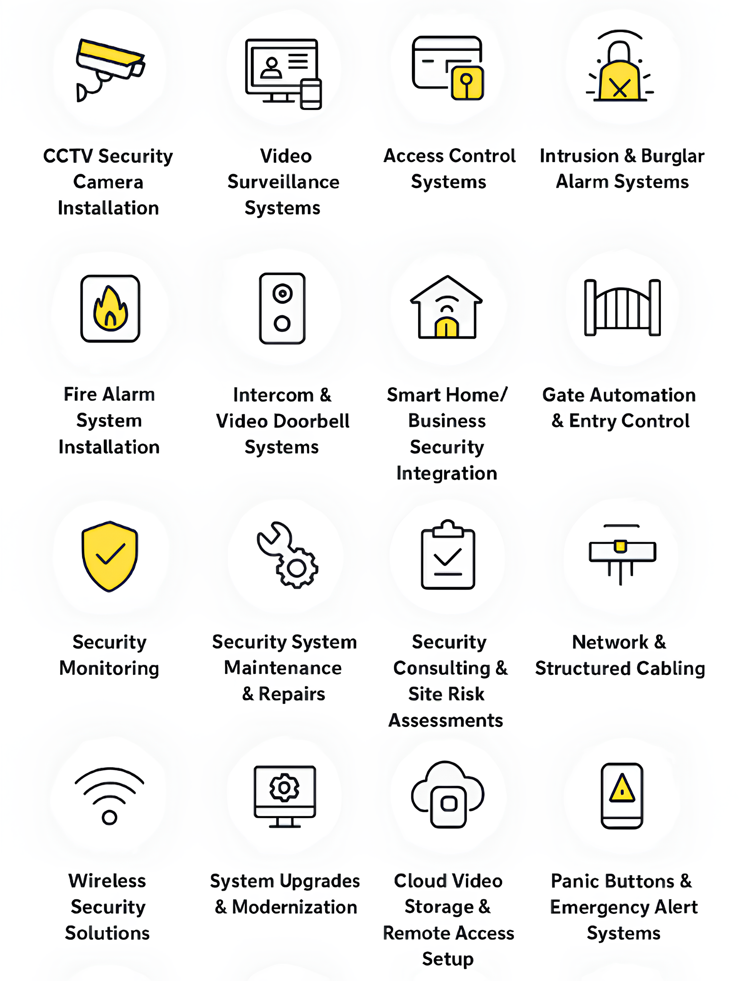 CCTV Security Camera Installation Video Surveillance Systems (Local & Remote Viewing) Access Control Systems (Card/Fob/Keypad/Biometrics) Intrusion & Burglar Alarm Systems Fire Alarm System Installation Intercom & Video Doorbell Systems Smart