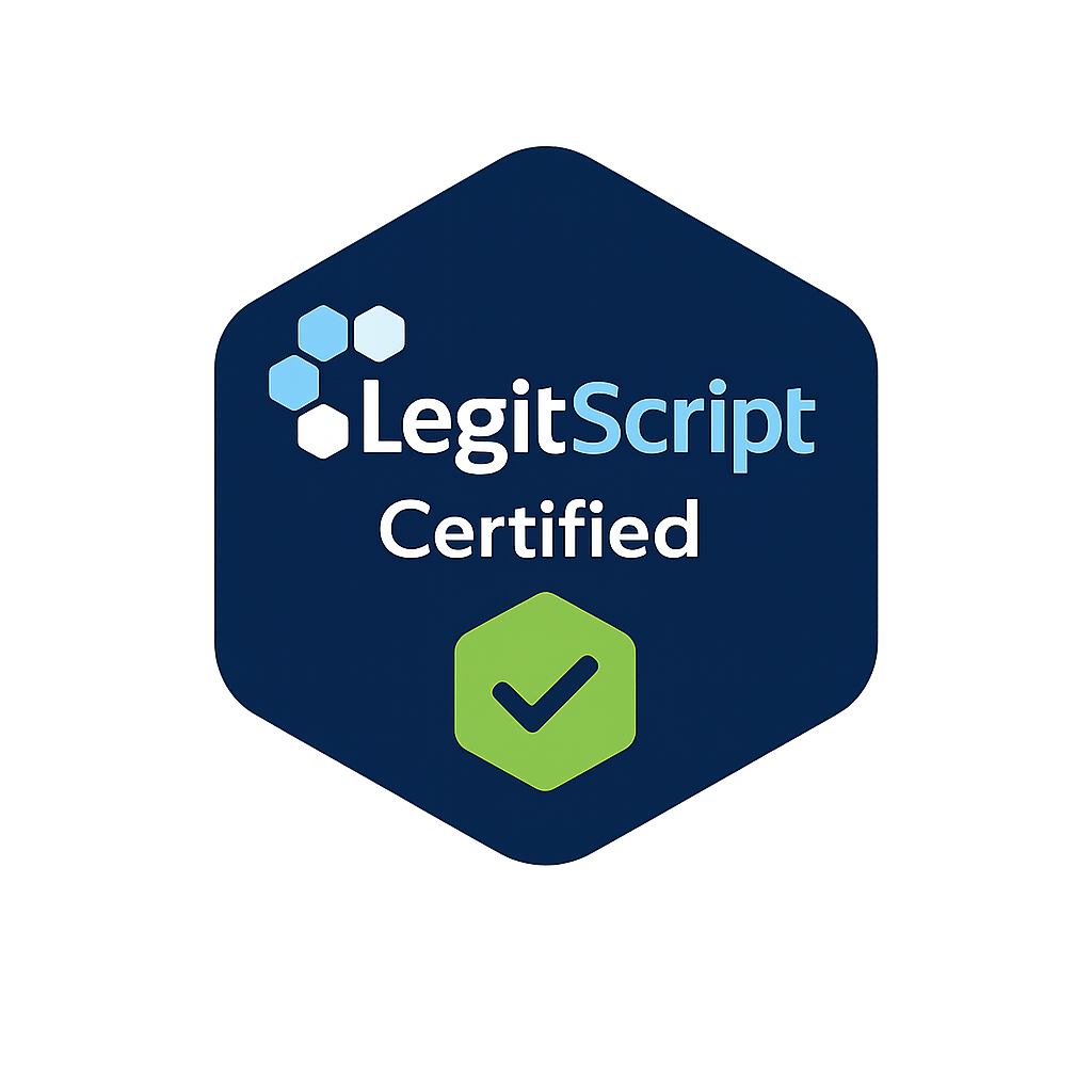 A badge with the text "LegitScript Certified" and a green checkmark emblem, indicating certification.